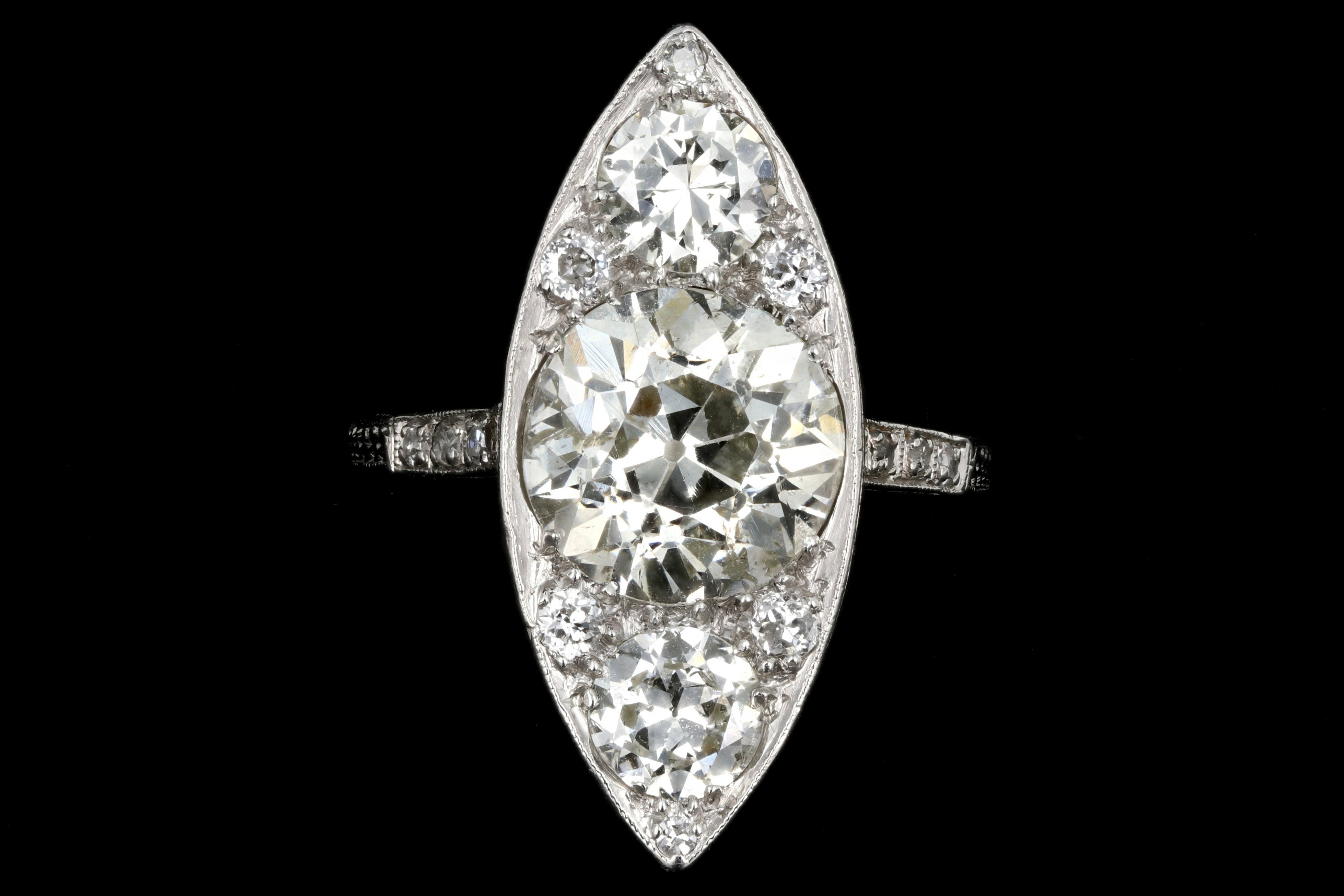 Edwardian Platinum 3.5 Carat Old Euro Center Navette Ring - Queen May