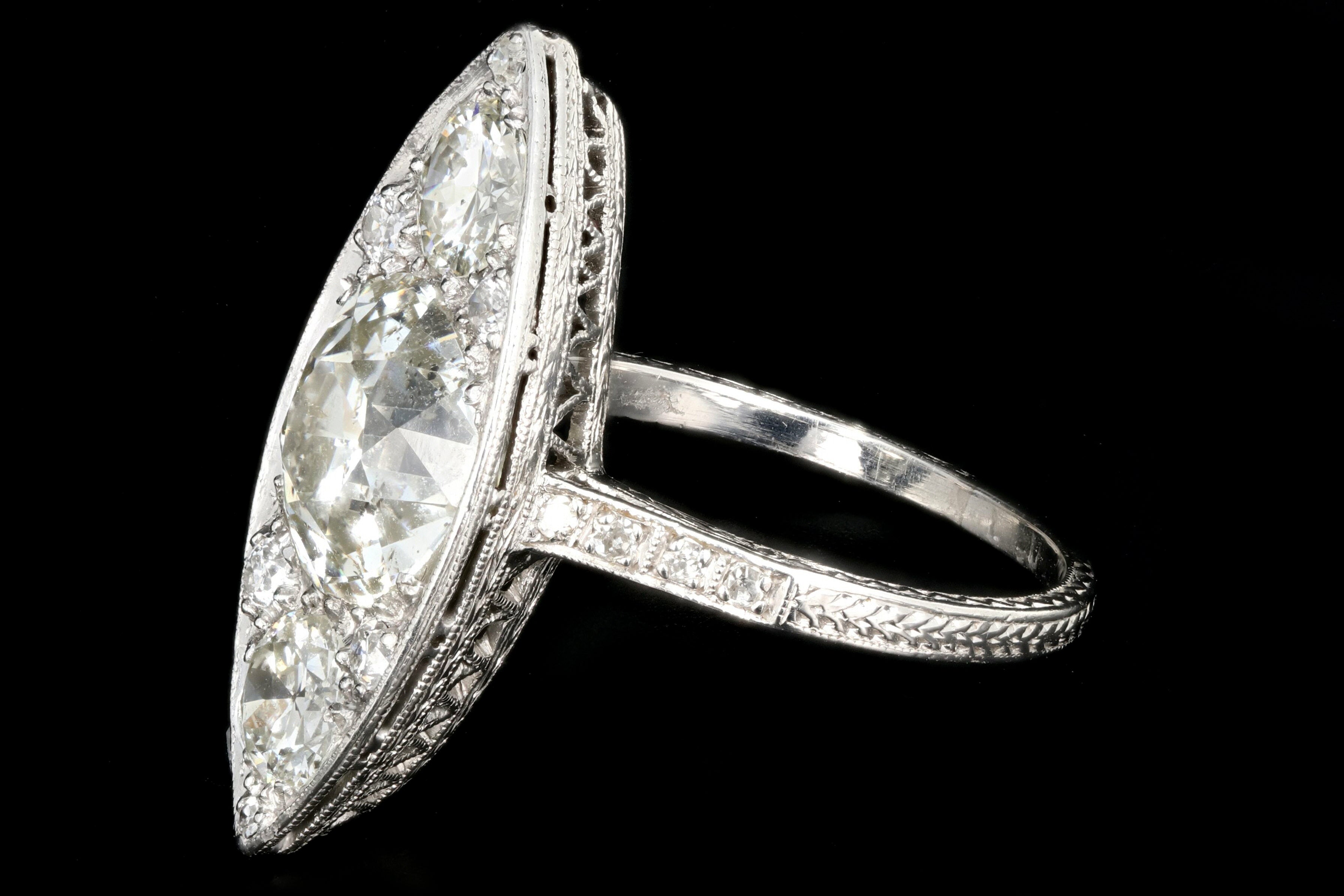 Edwardian Platinum 3.5 Carat Old Euro Center Navette Ring - Queen May