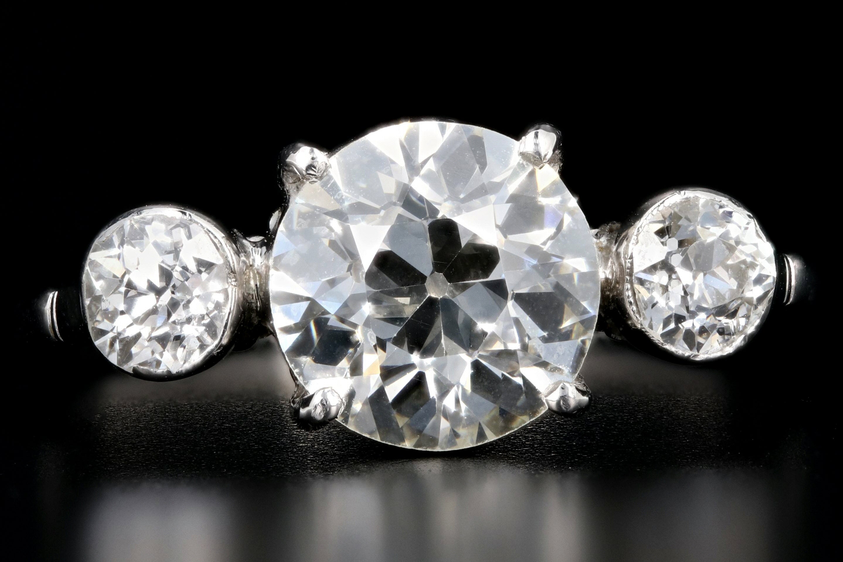 Art Deco Platinum 3 Stone 1.63 Carat Center Old European Cut Diamond Engagement Ring - Queen May