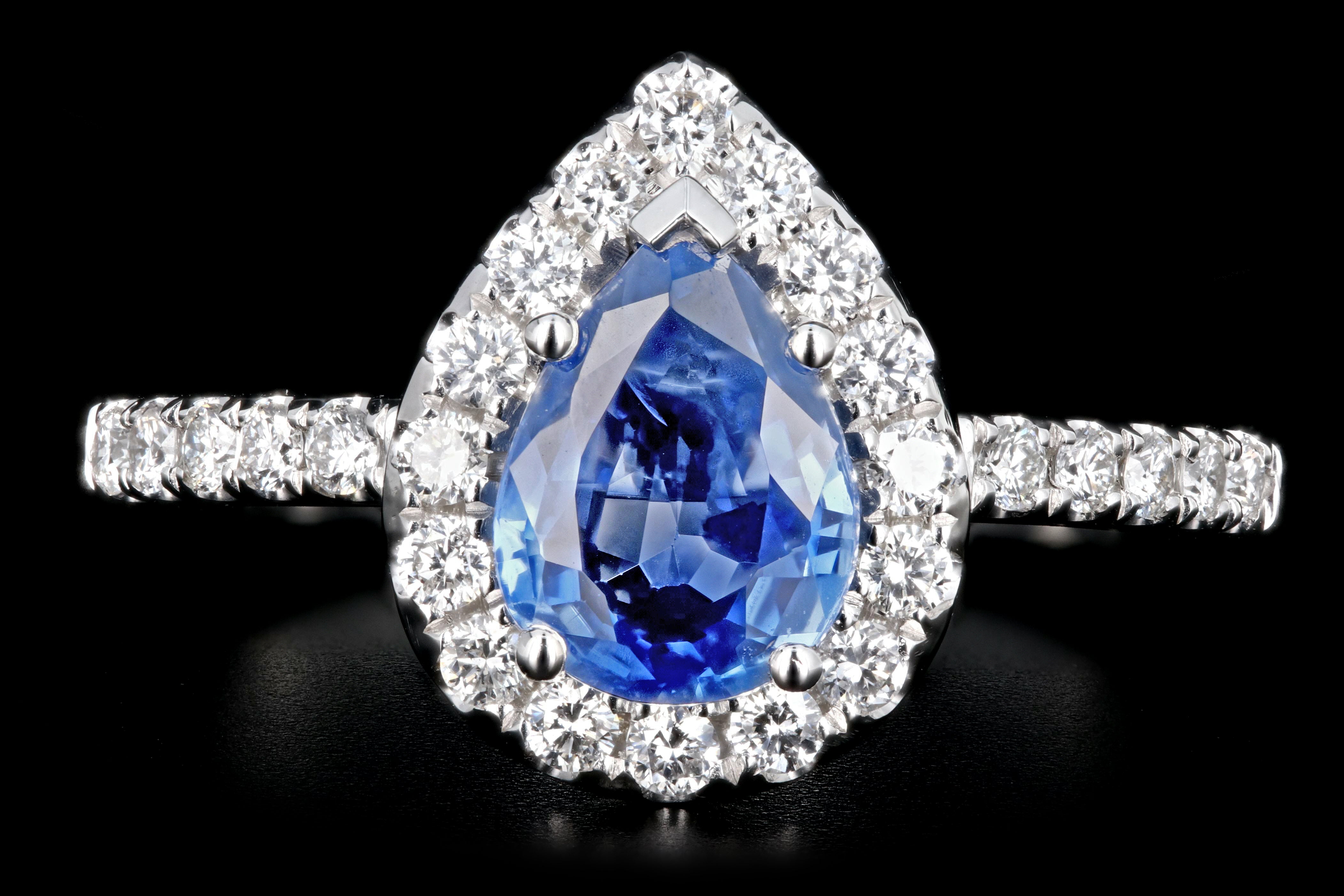 New 14K White Gold 1.42 Pear Shaped Natural Sapphire and Diamond Halo Ring - Queen May