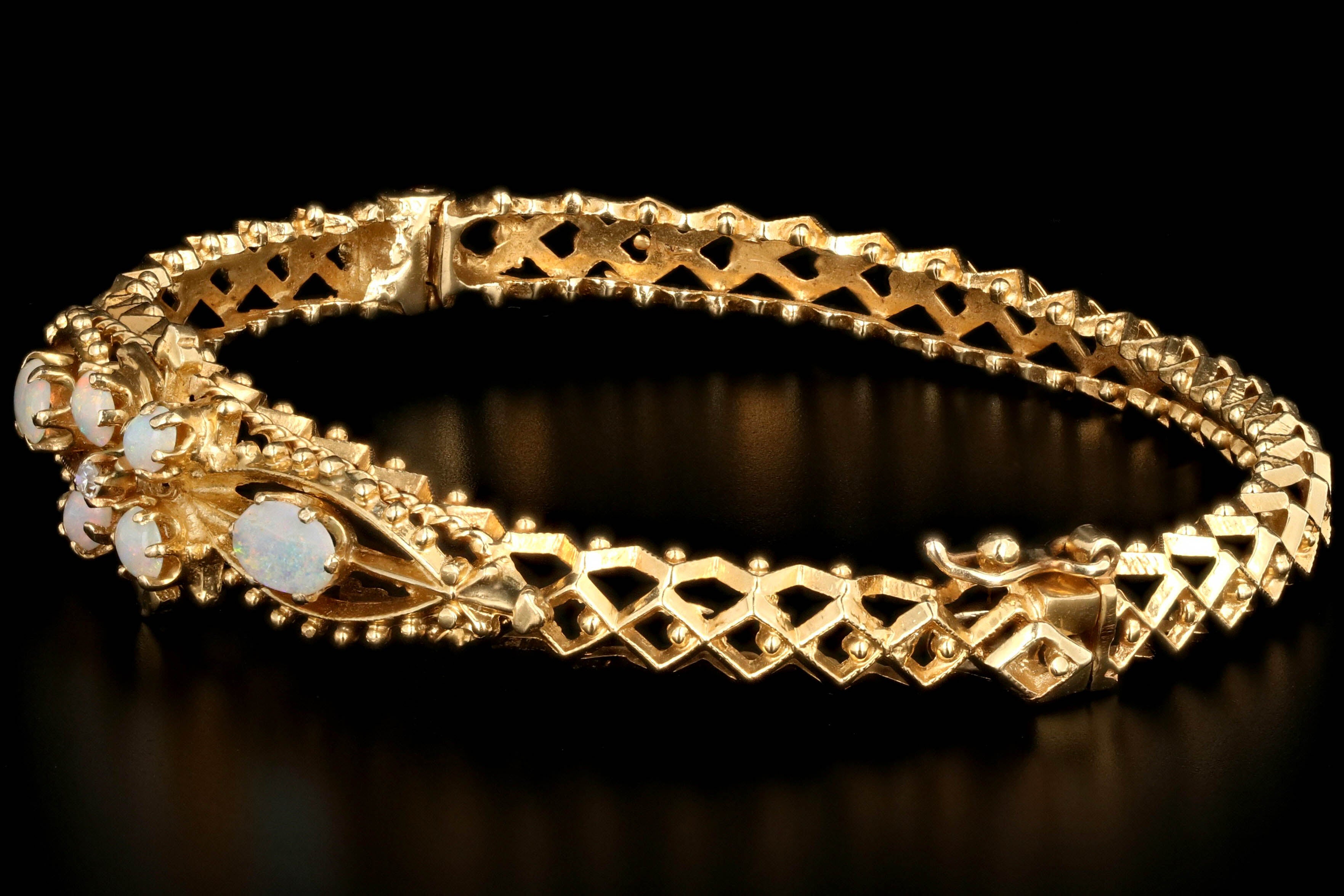 Vintage 14K Yellow Gold Opal and Diamond Bangle - Queen May