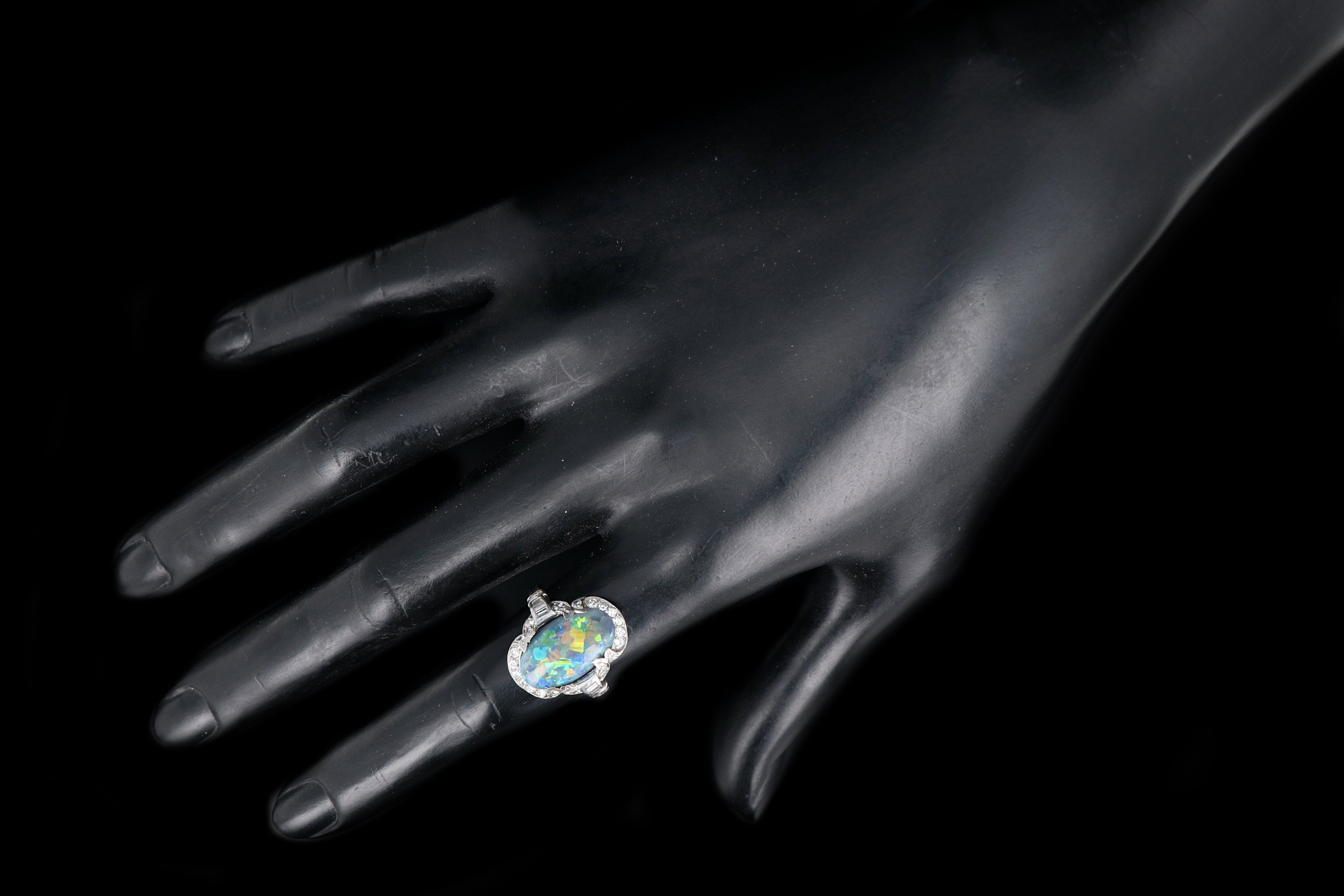 Art Deco Platinum 4CT Black Opal and Diamond Ring - Queen May