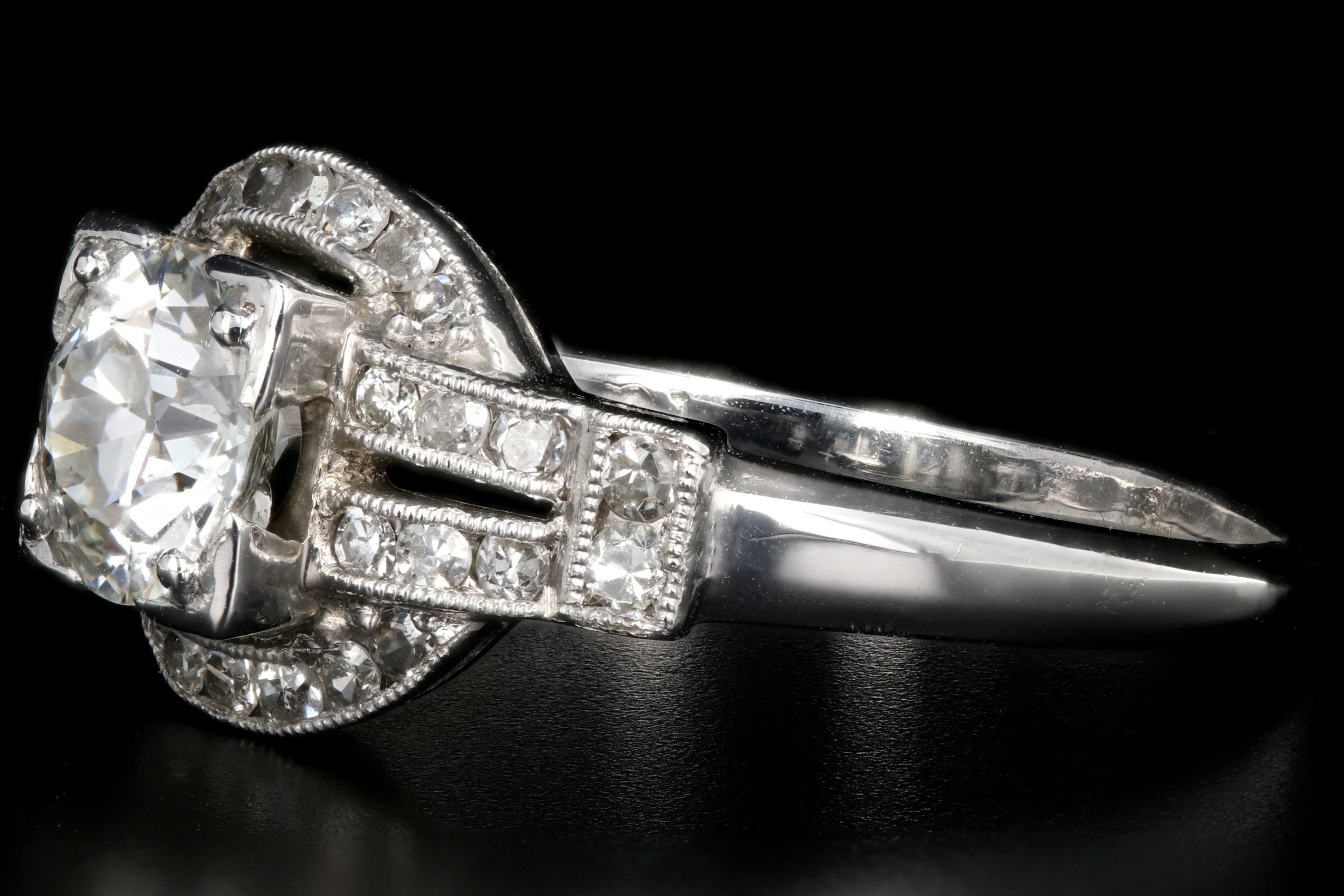 Art Deco Platinum .90 Carat Old European Cut Diamond Engagement Ring Size 7 - Queen May