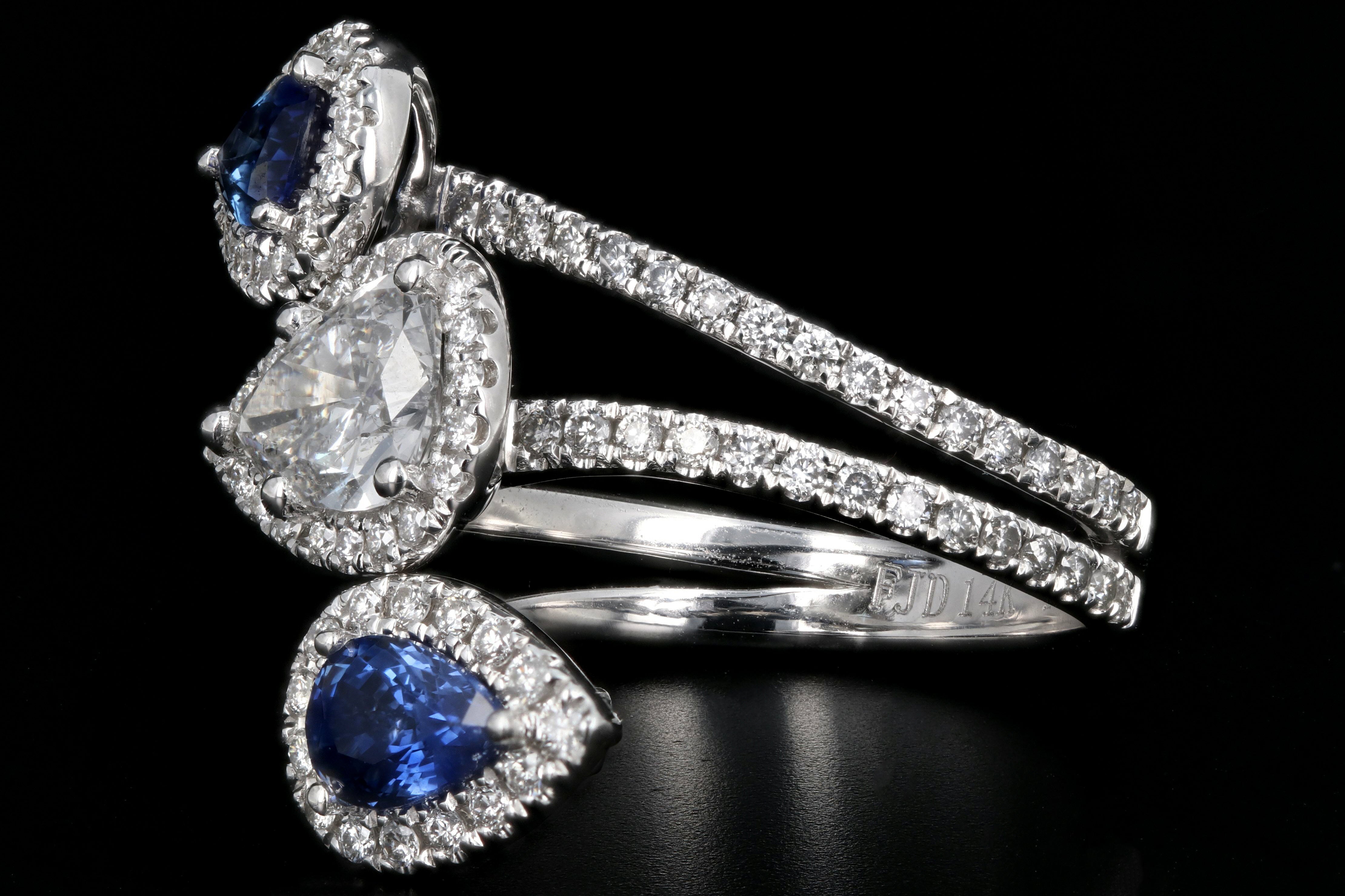Modern 14K White Gold .83 CT Pear Cut Diamond And Sapphire Triple Bypass Ring GIA Certified - Queen May