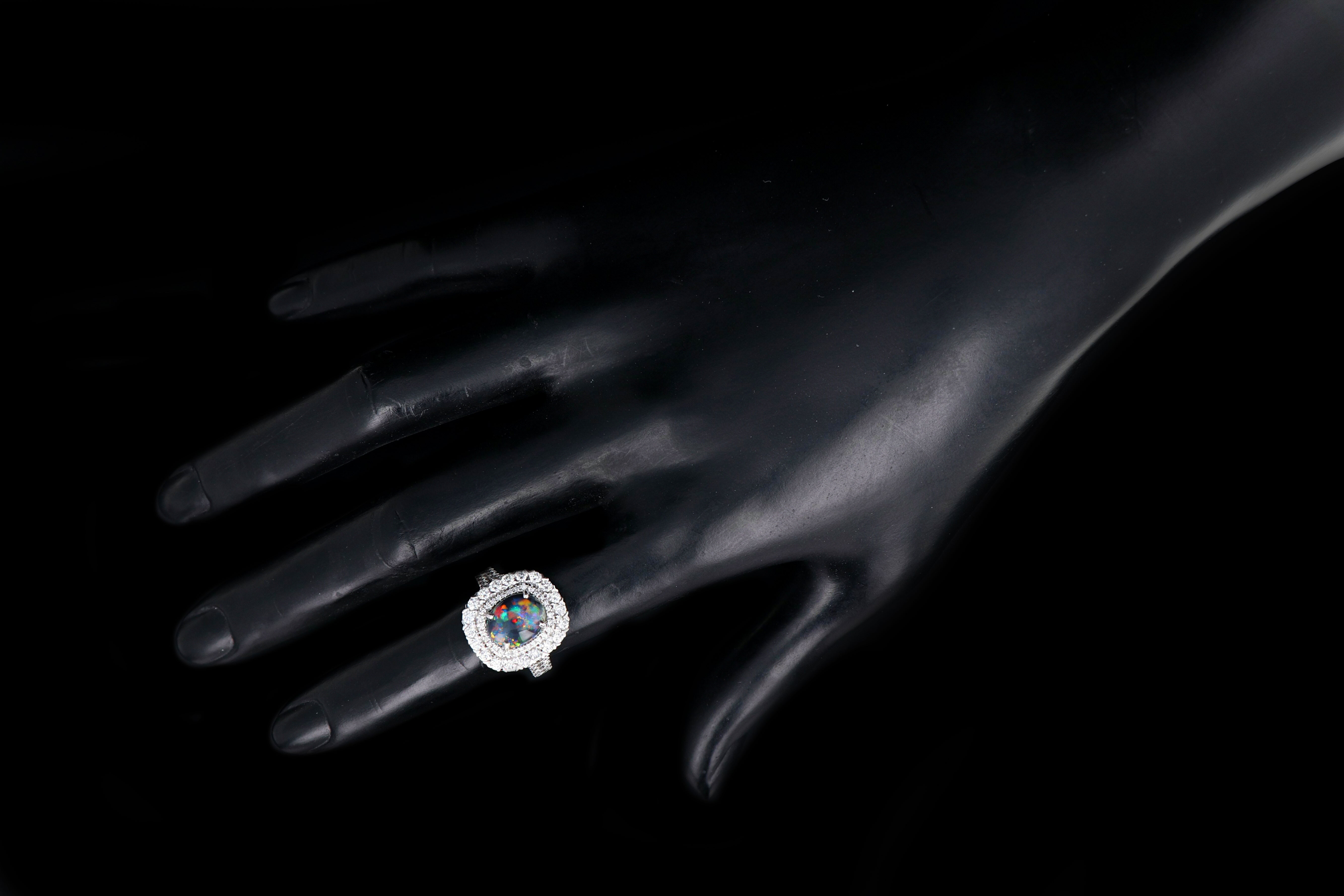 Modern 14k White Gold 1.81CT Cabochon Cut Black Opal and Diamond Ring - Queen May