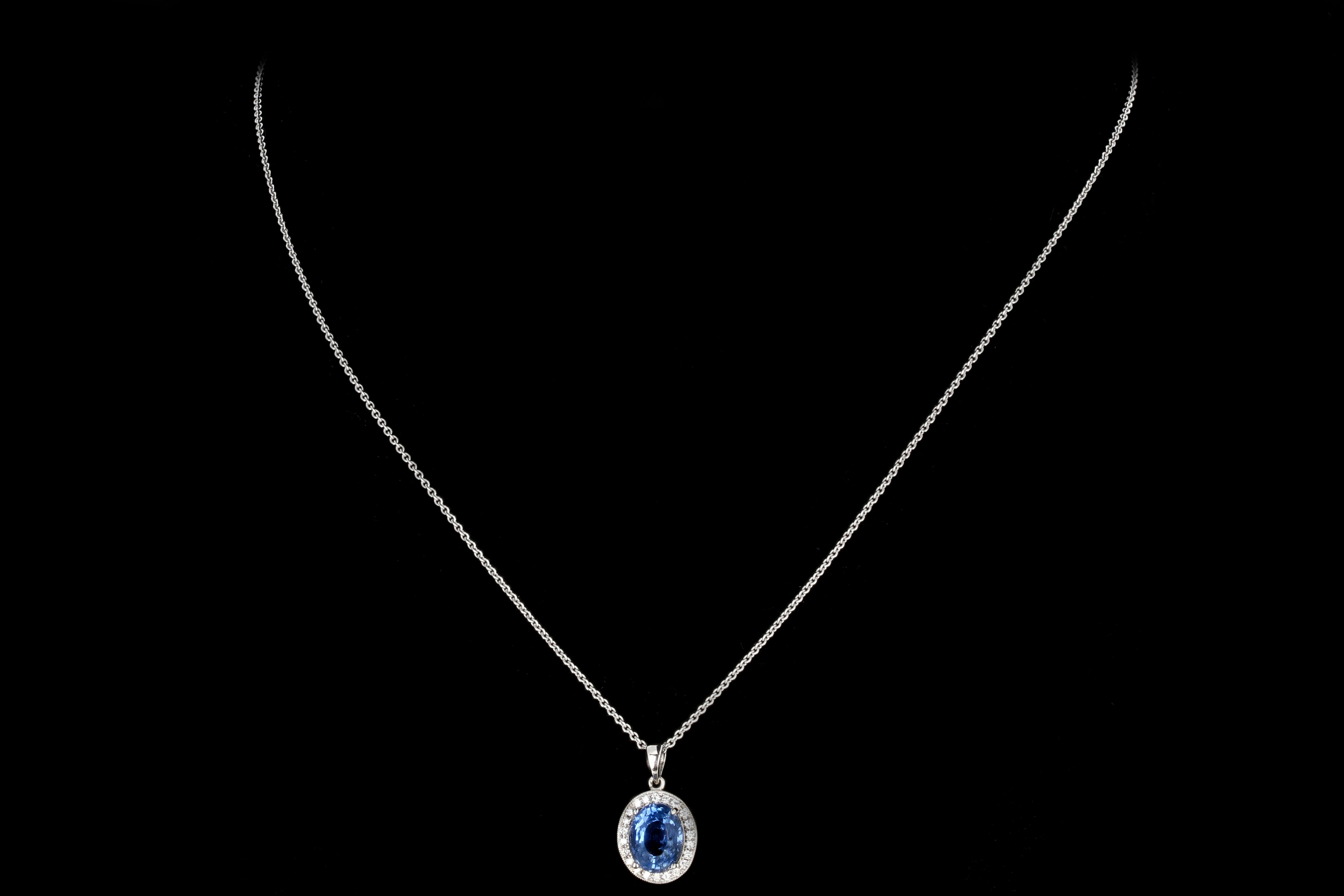 Modern 18K White Gold 2.65 Carat Natural Sapphire and Diamond Halo Pendant Necklace - Queen May