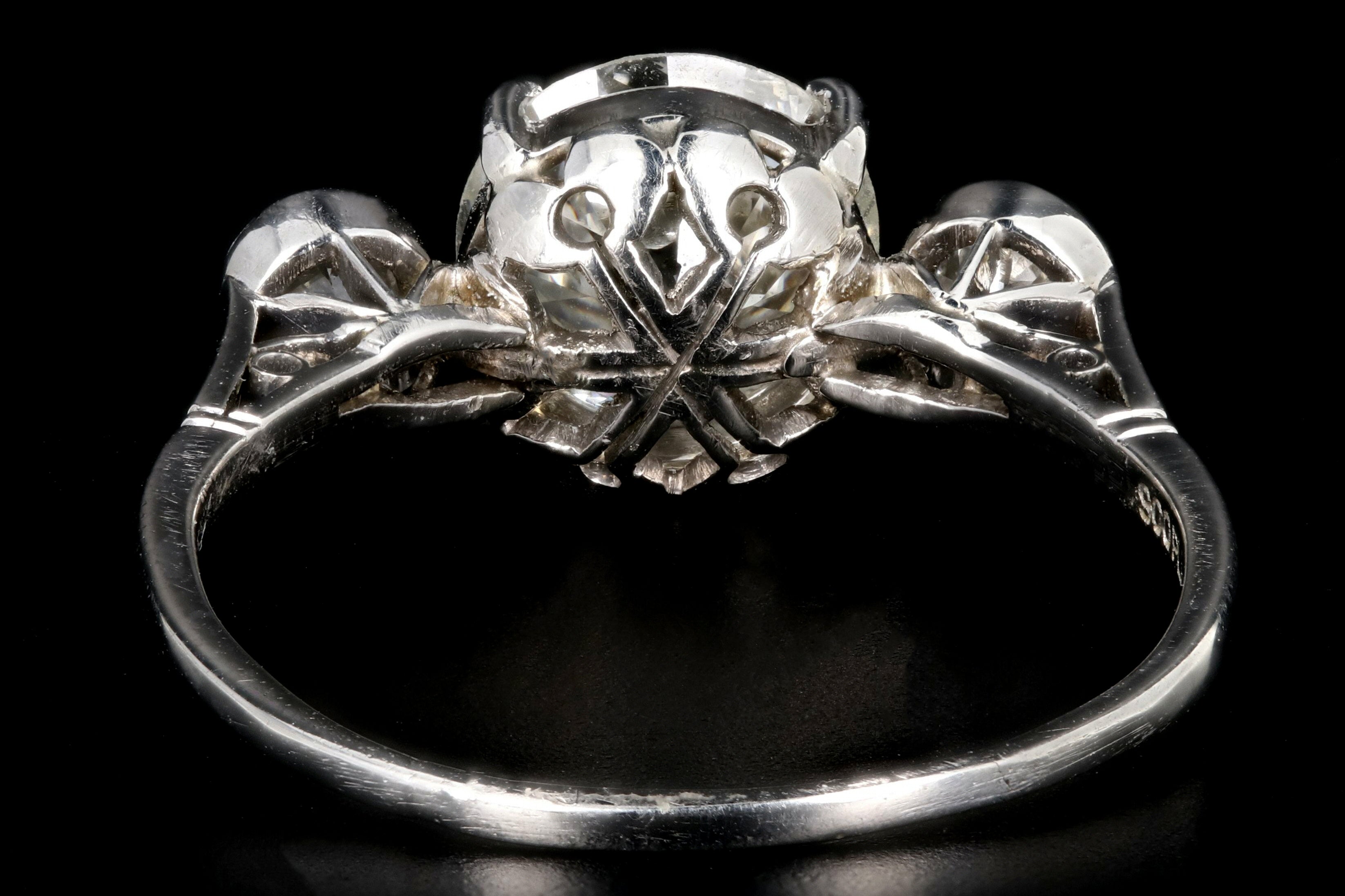 Art Deco Platinum 3 Stone 1.63 Carat Center Old European Cut Diamond Engagement Ring - Queen May
