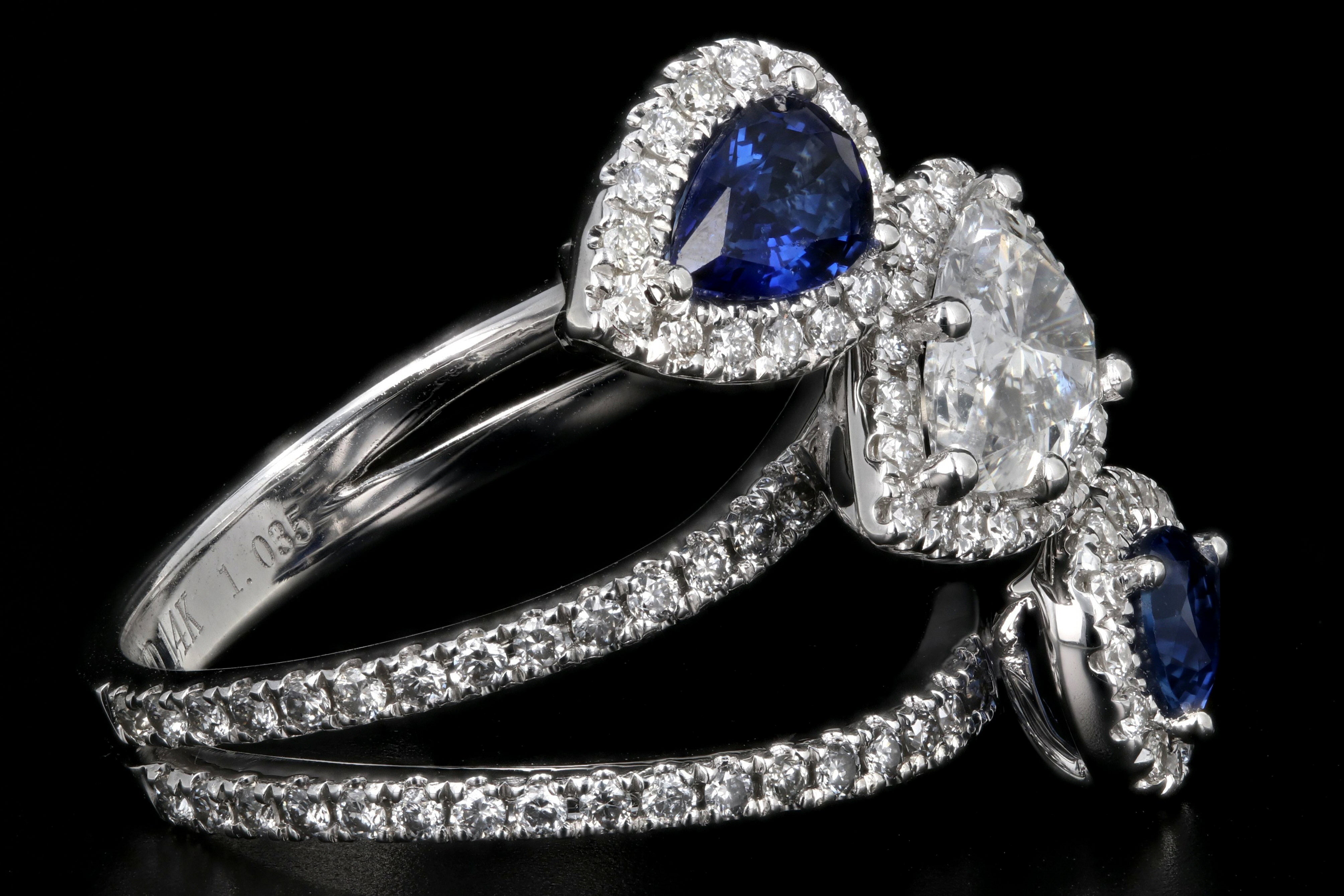 Modern 14K White Gold .83 CT Pear Cut Diamond And Sapphire Triple Bypass Ring GIA Certified - Queen May