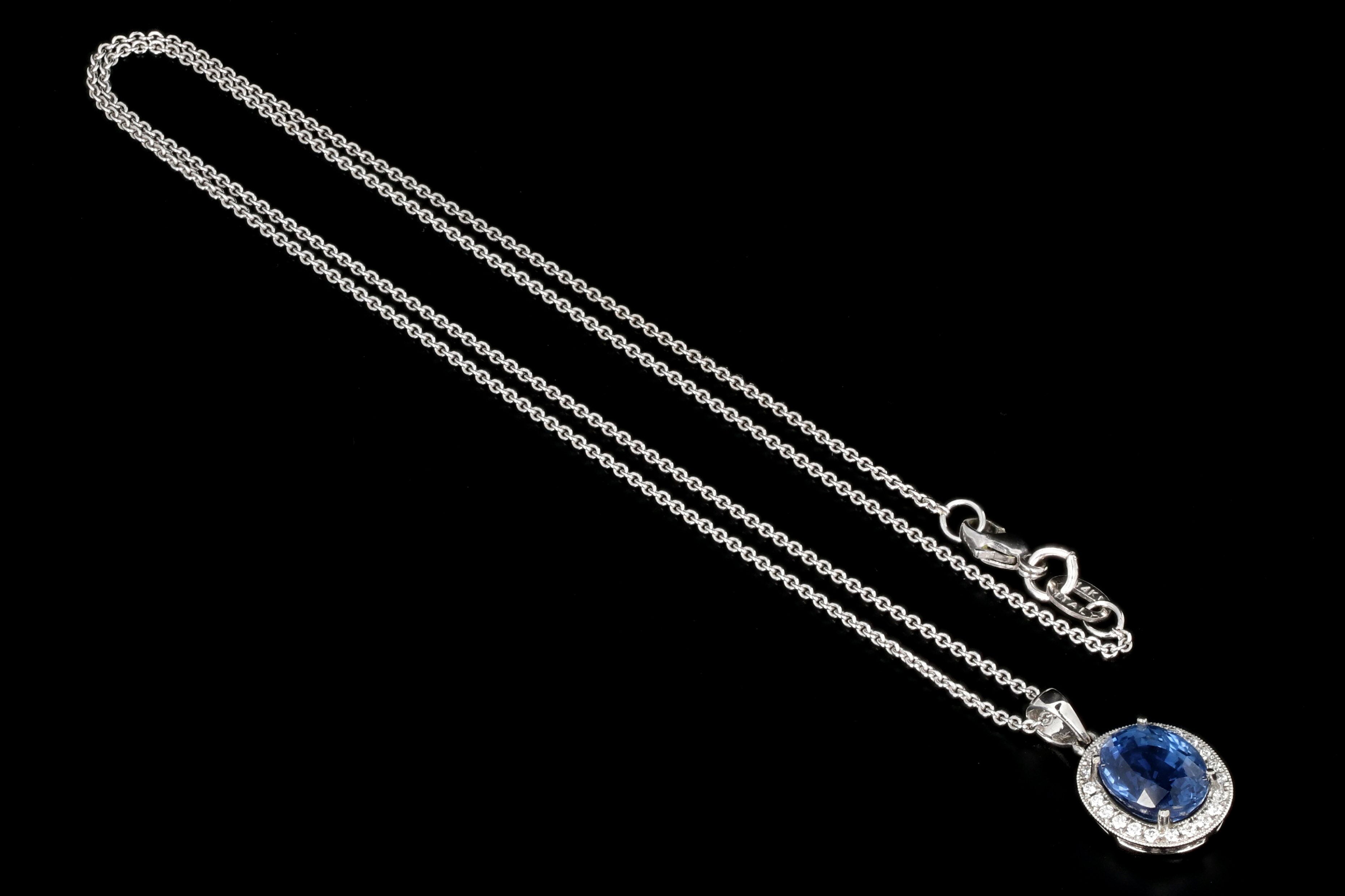 Modern 18K White Gold 2.65 Carat Natural Sapphire and Diamond Halo Pendant Necklace - Queen May