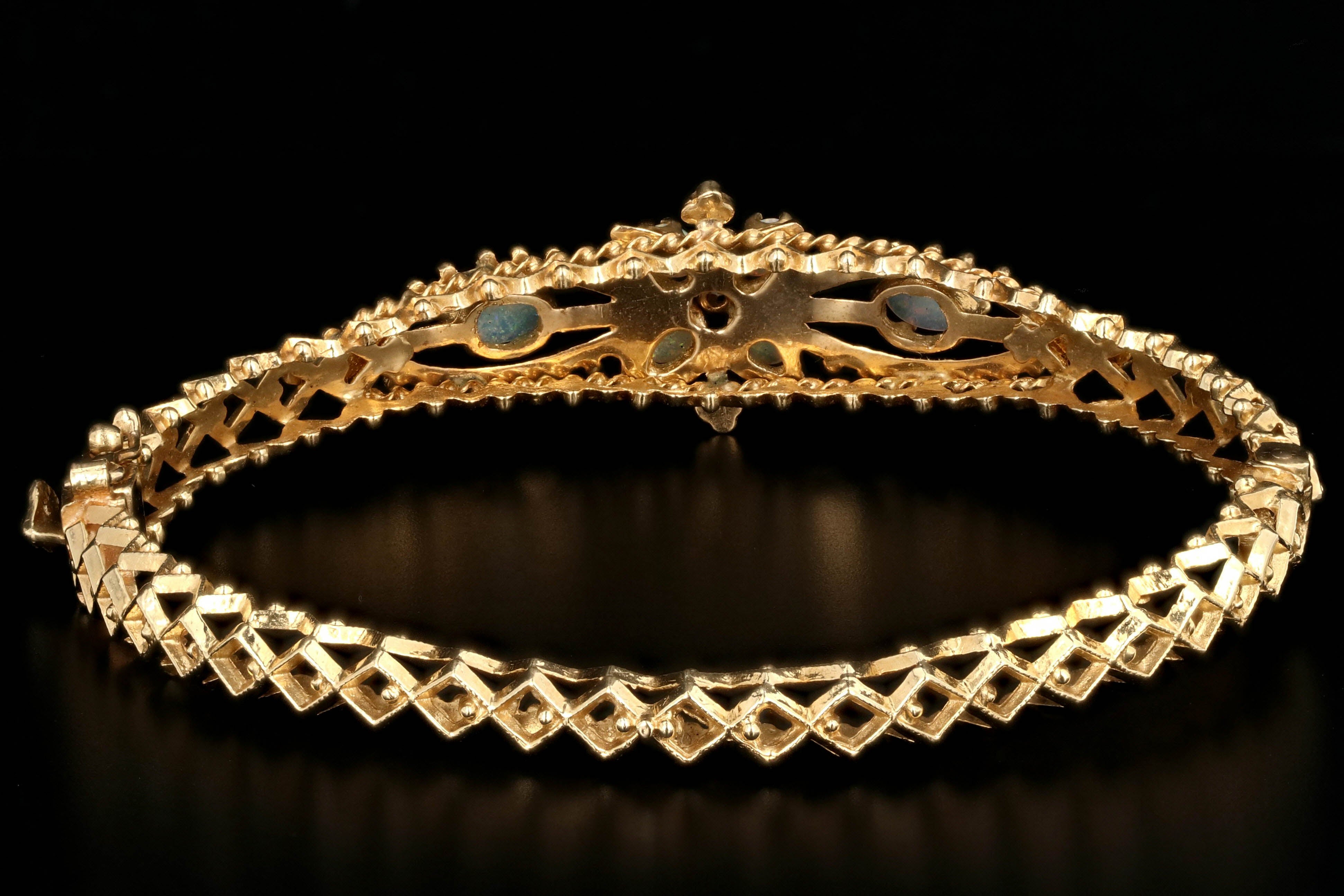 Vintage 14K Yellow Gold Opal and Diamond Bangle - Queen May