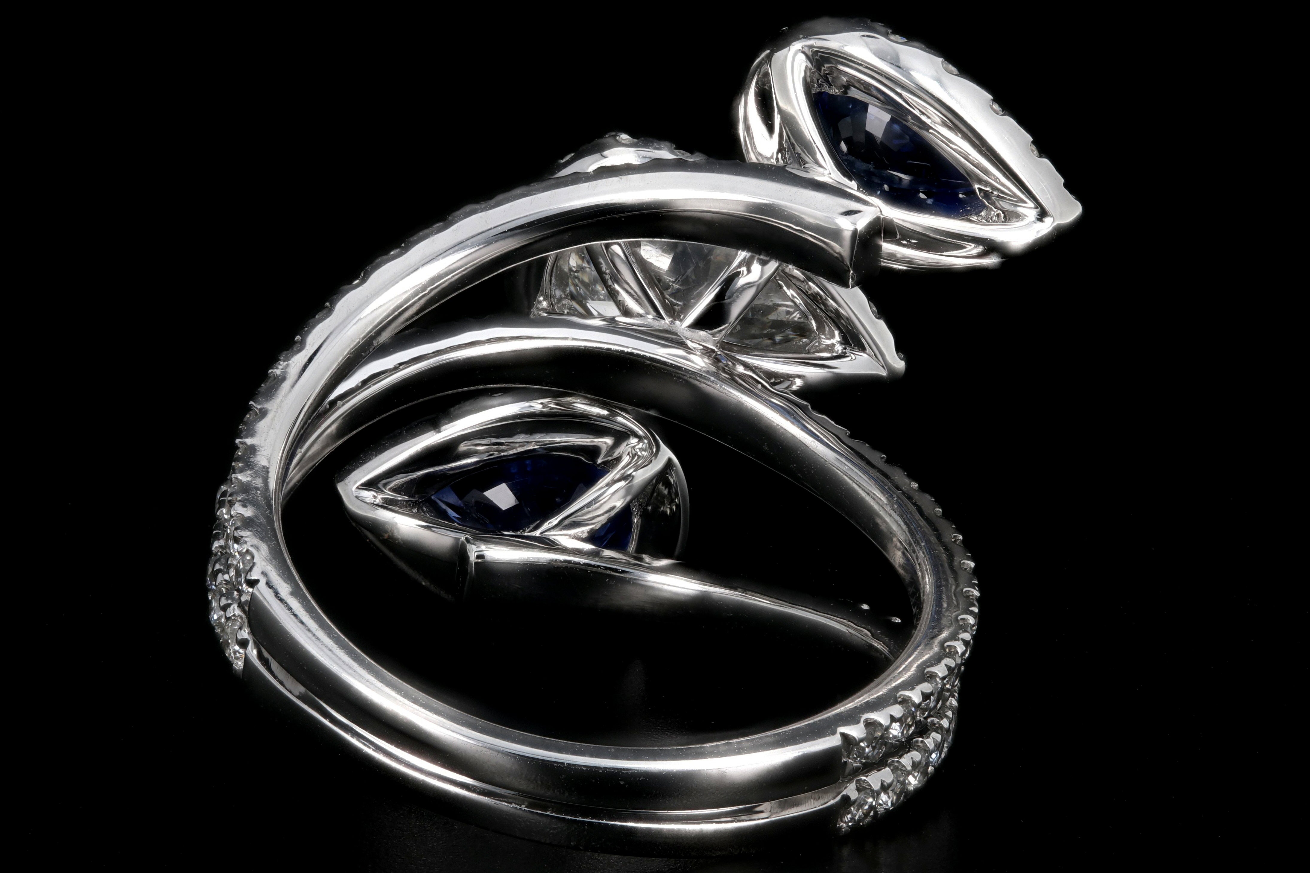Modern 14K White Gold .83 CT Pear Cut Diamond And Sapphire Triple Bypass Ring GIA Certified - Queen May