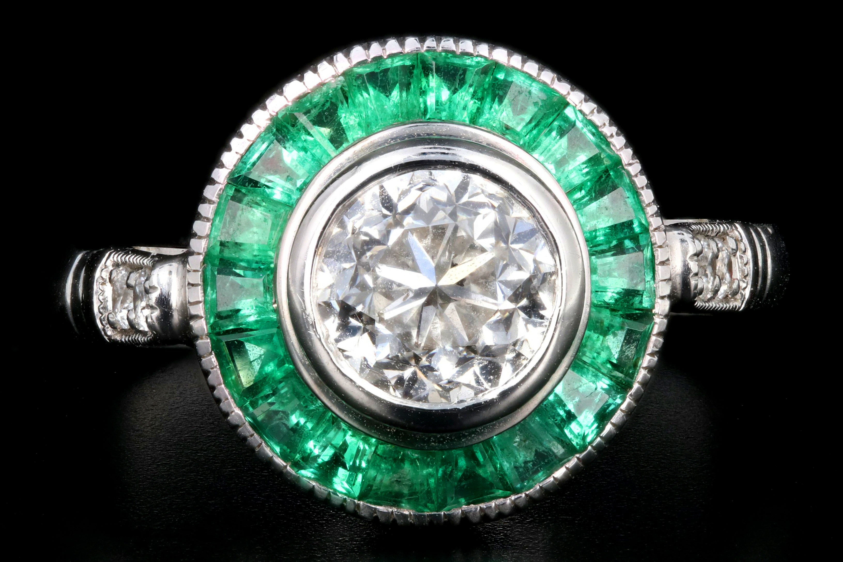 Art Deco Style 14K White Gold 1.01 Carat Round Brilliant Cut Diamond Emerald Halo Engagement Ring - Queen May