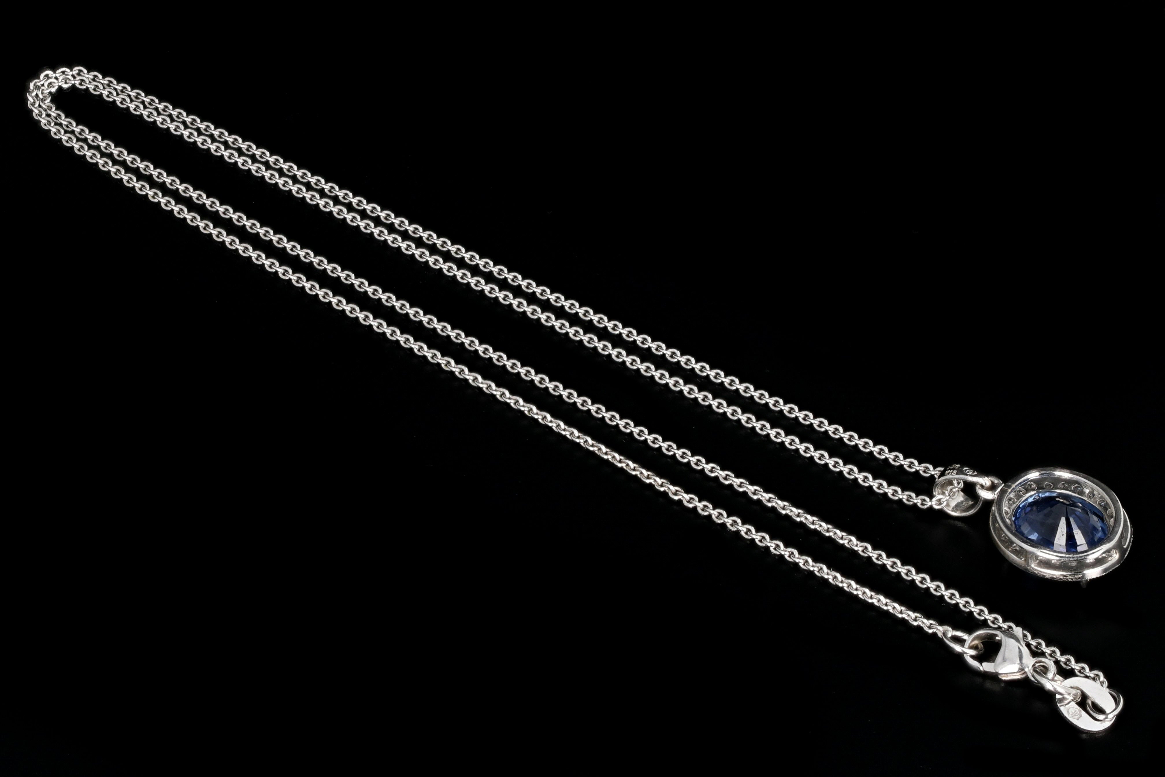 Modern 18K White Gold 2.65 Carat Natural Sapphire and Diamond Halo Pendant Necklace - Queen May