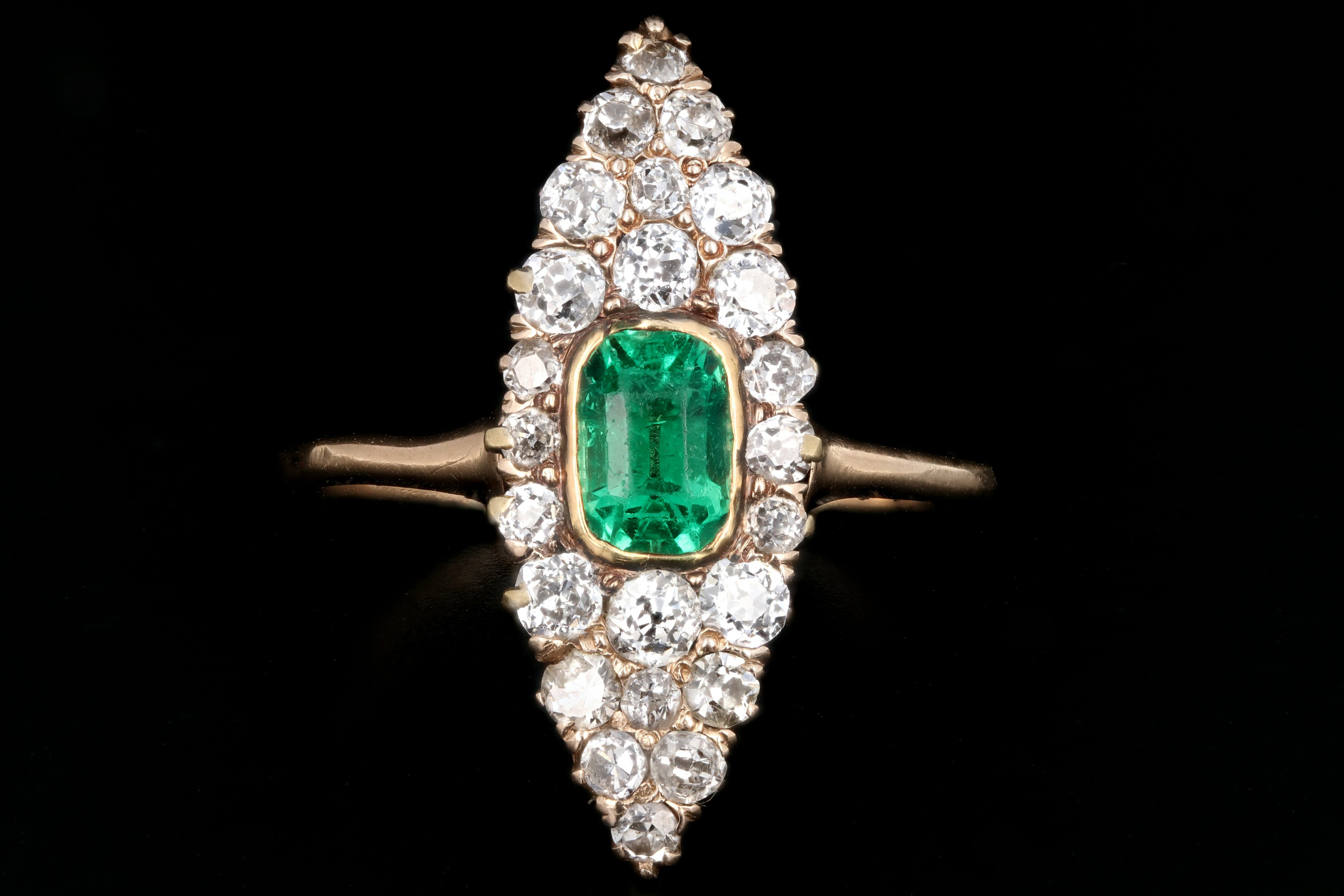 Victorian 14K Yellow Gold .75 Carat Emerald and Old European Cut Diamond Navette Ring - Queen May