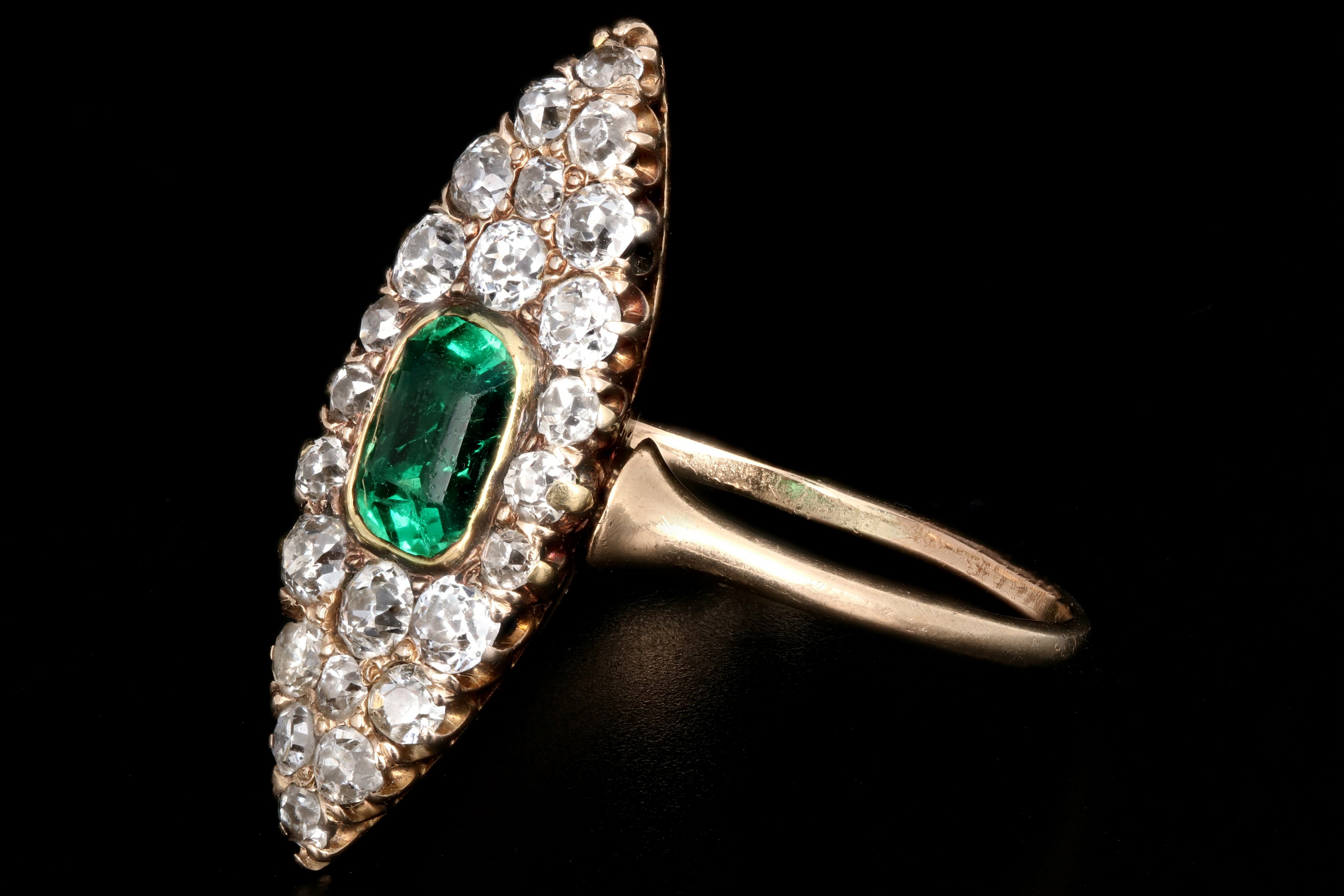 Victorian 14K Yellow Gold .75 Carat Emerald and Old European Cut Diamond Navette Ring - Queen May