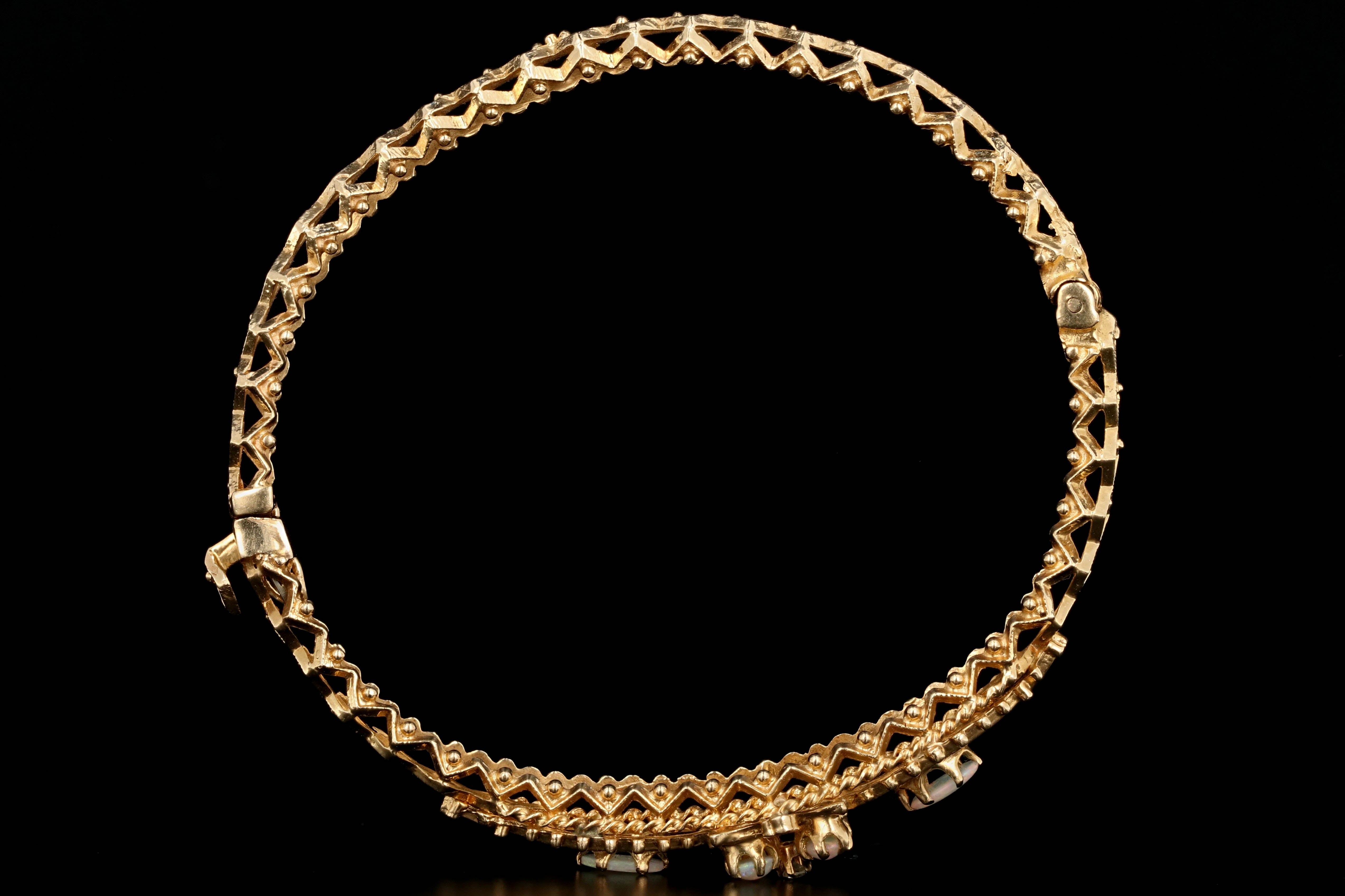 Vintage 14K Yellow Gold Opal and Diamond Bangle - Queen May