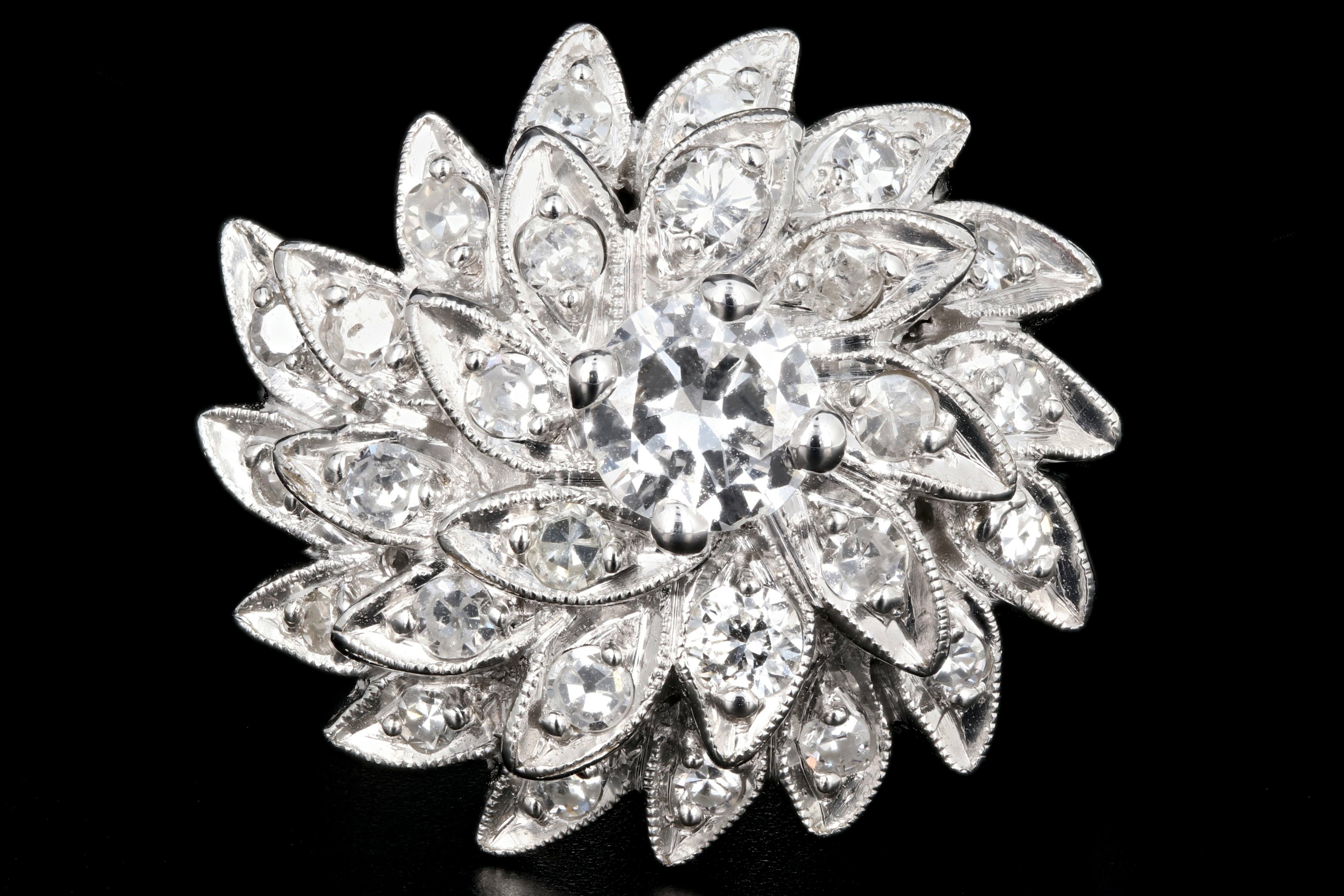 Retro 14K White Gold Diamond Cocktail Sunburst Cluster Ring c.1960's - Queen May
