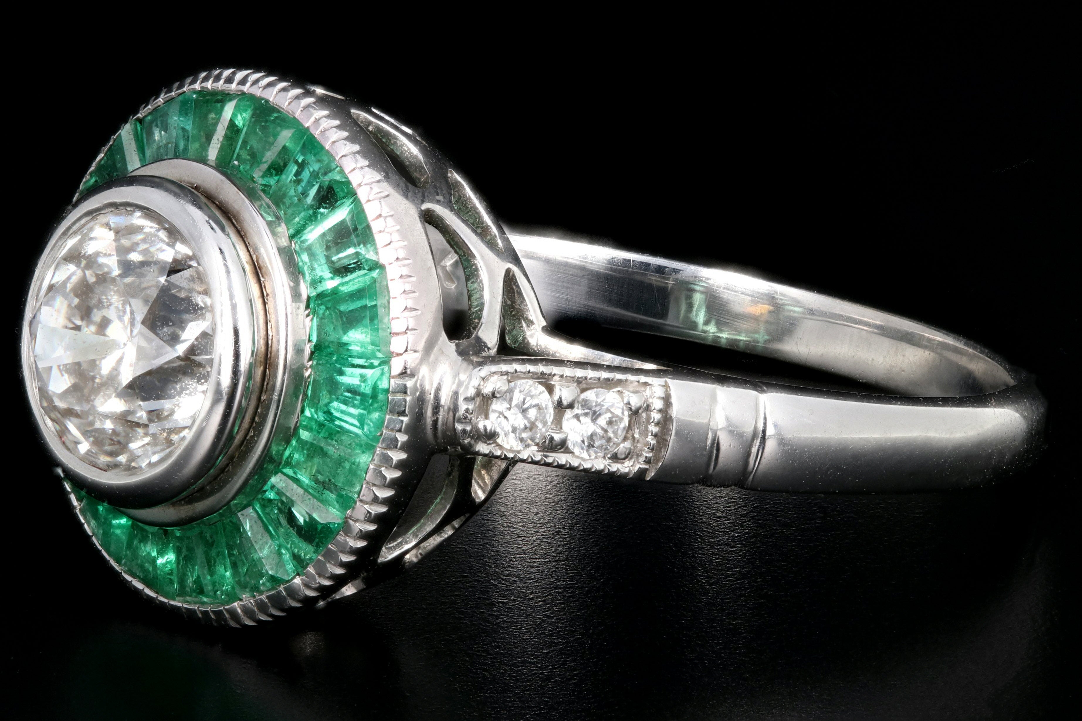 Art Deco Style 14K White Gold 1.01 Carat Round Brilliant Cut Diamond Emerald Halo Engagement Ring - Queen May