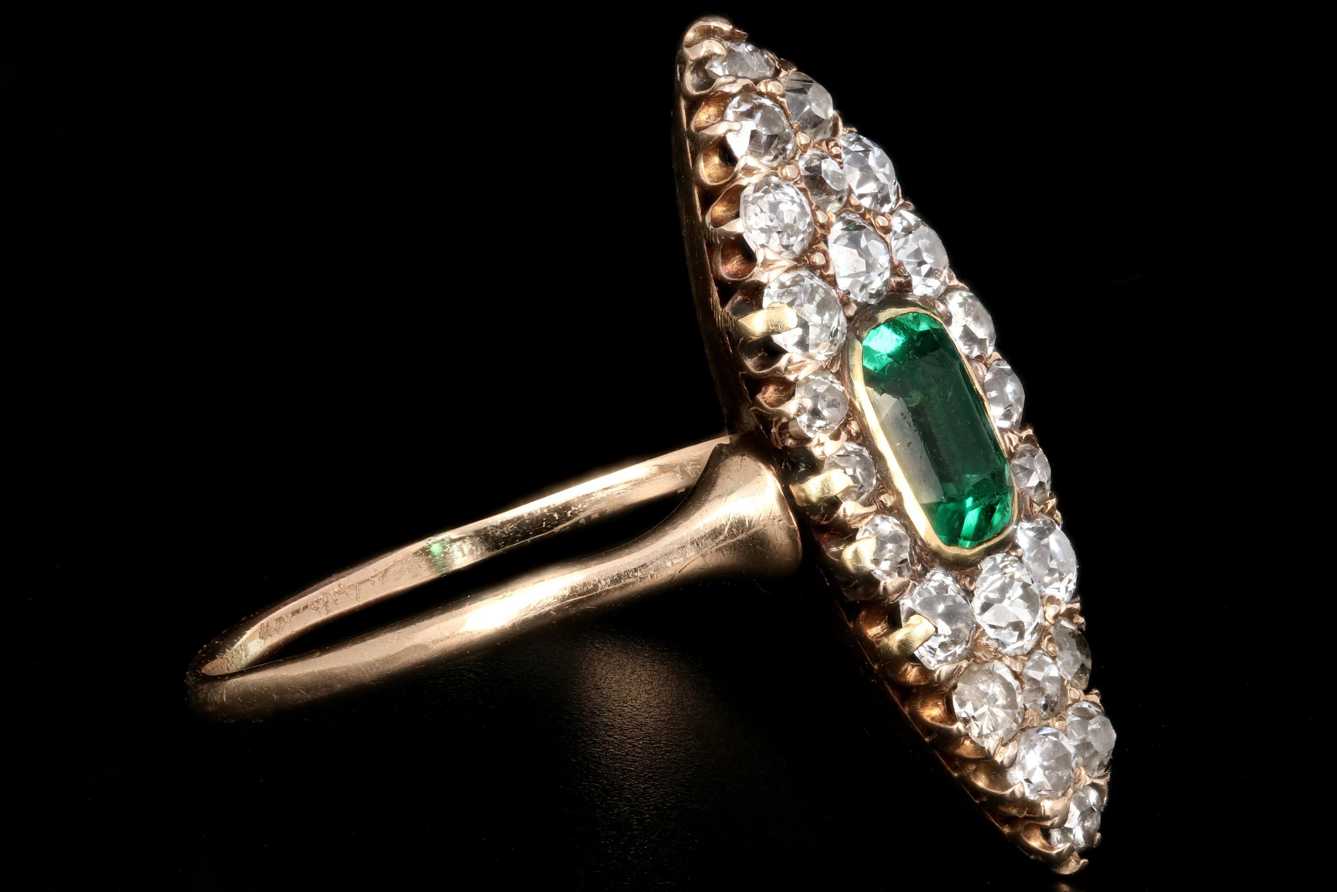 Victorian 14K Yellow Gold .75 Carat Emerald and Old European Cut Diamond Navette Ring - Queen May
