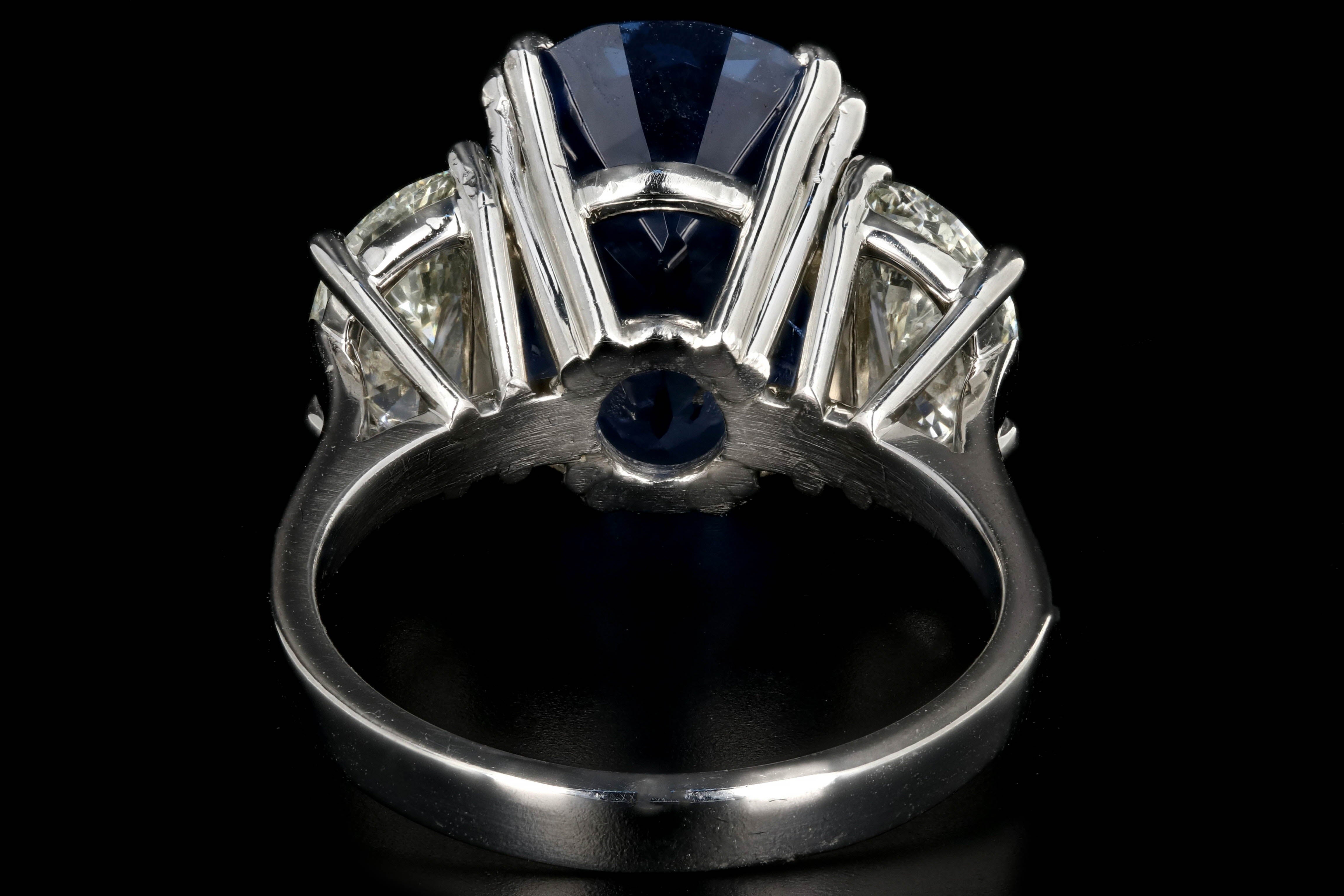 Platinum 9.72 Carat Cornflower Blue Burma No Heat Oval Cut Sapphire and 2 Carat Half Moon Diamond Ring GIA Certified - Queen May