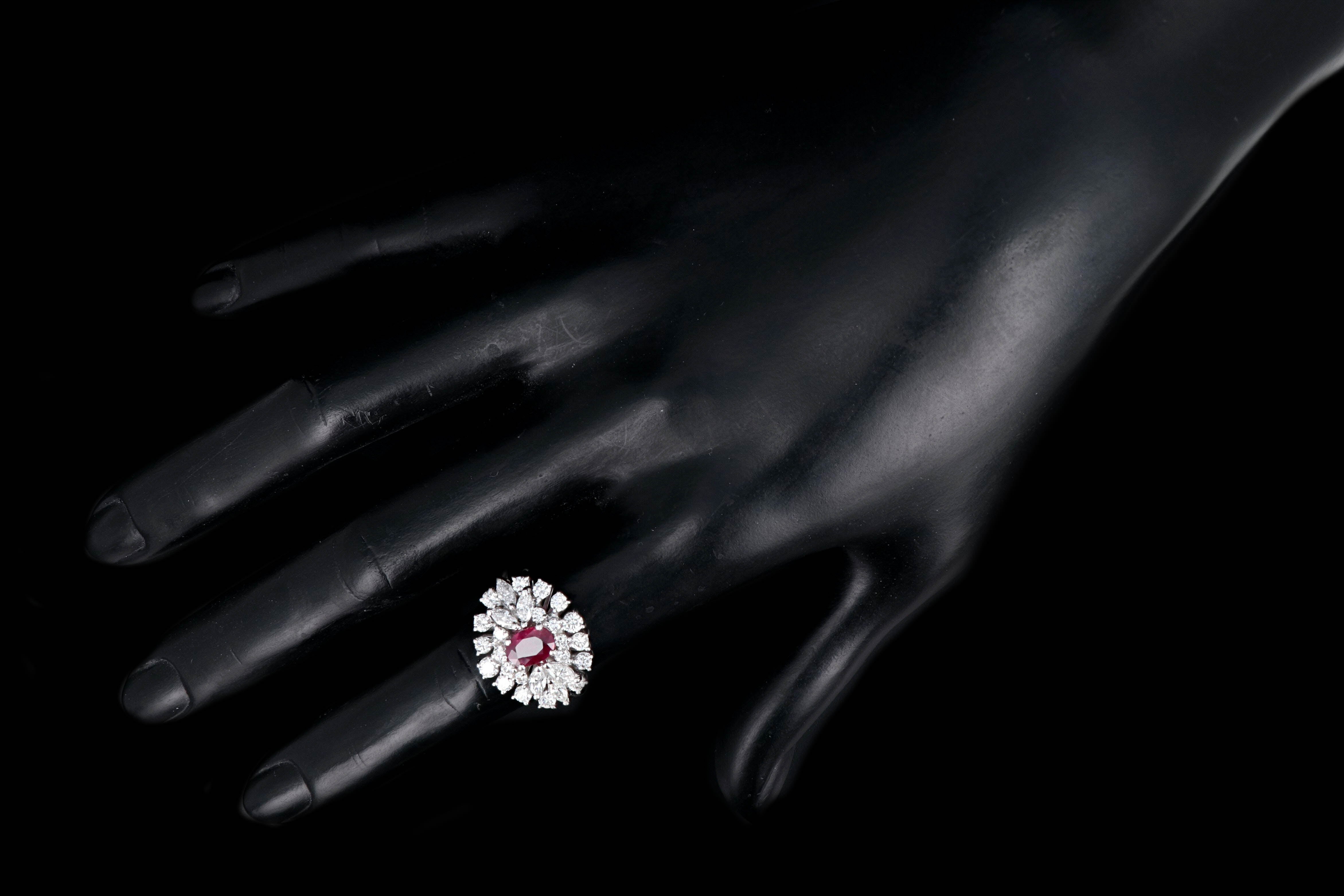 Modern 18K White Gold 1.1 Carat Burma Ruby and Diamond Ring Stone Group Laboratories Certified - Queen May