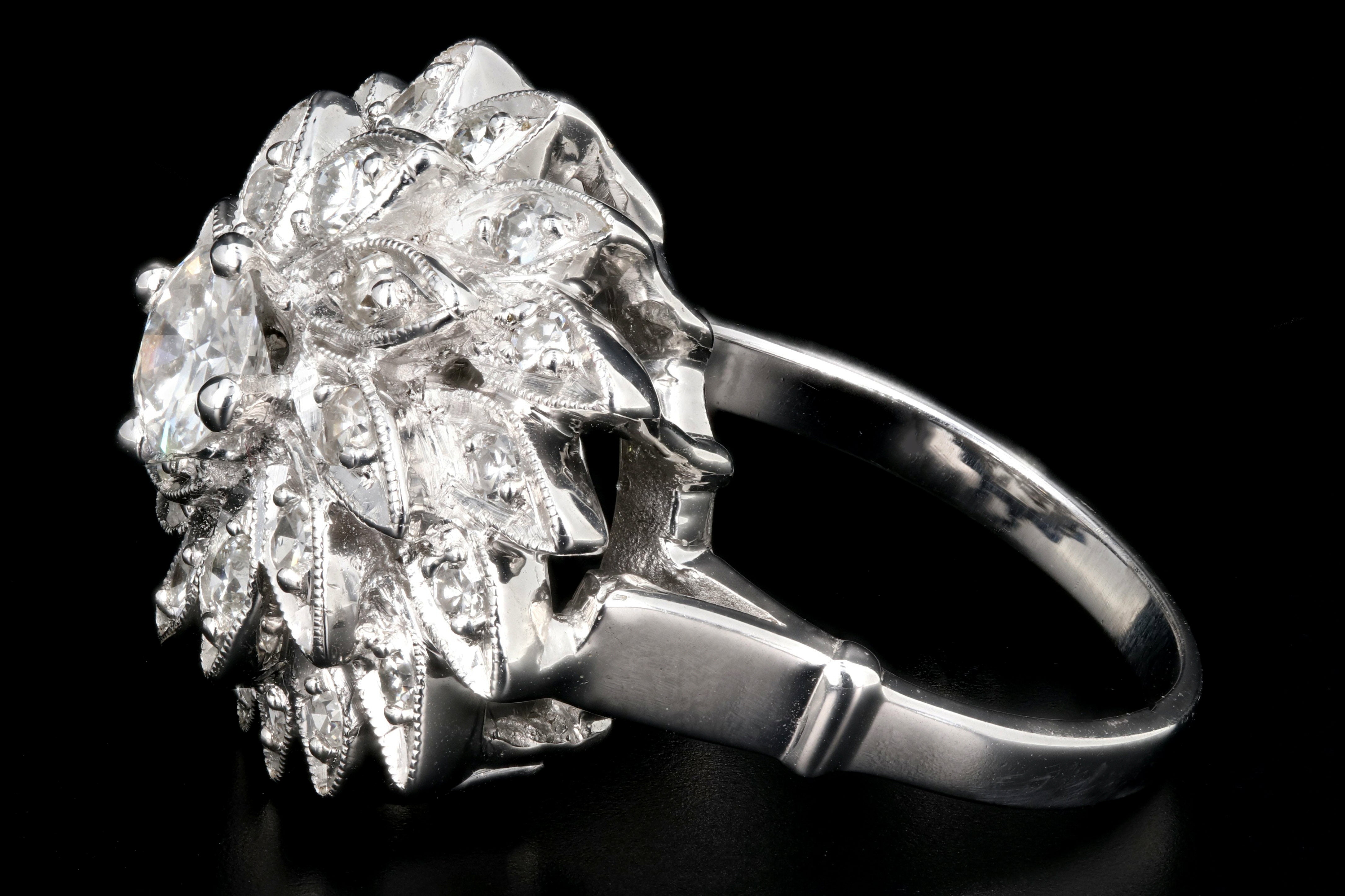 Retro 14K White Gold Diamond Cocktail Sunburst Cluster Ring c.1960's - Queen May
