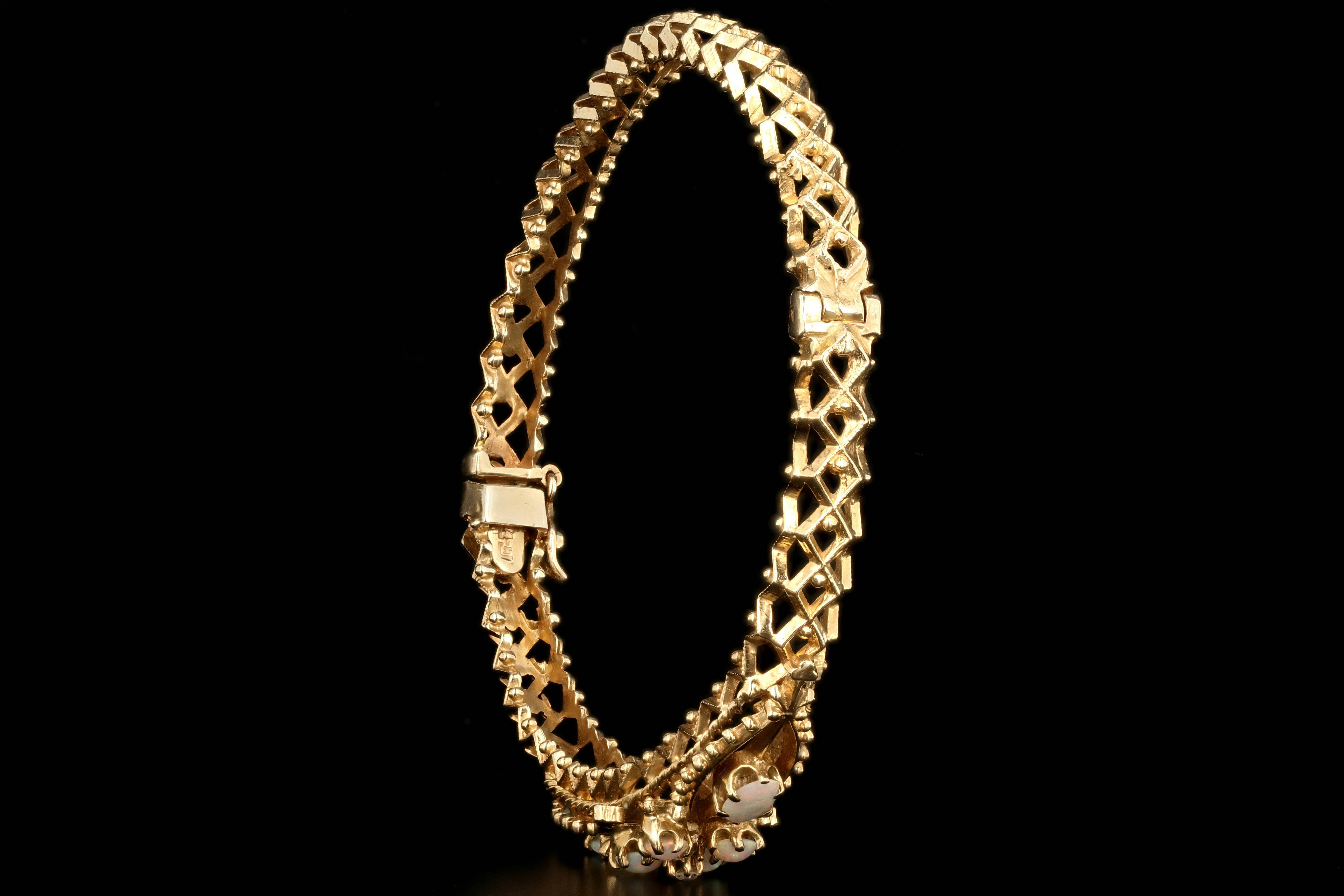 Vintage 14K Yellow Gold Opal and Diamond Bangle - Queen May