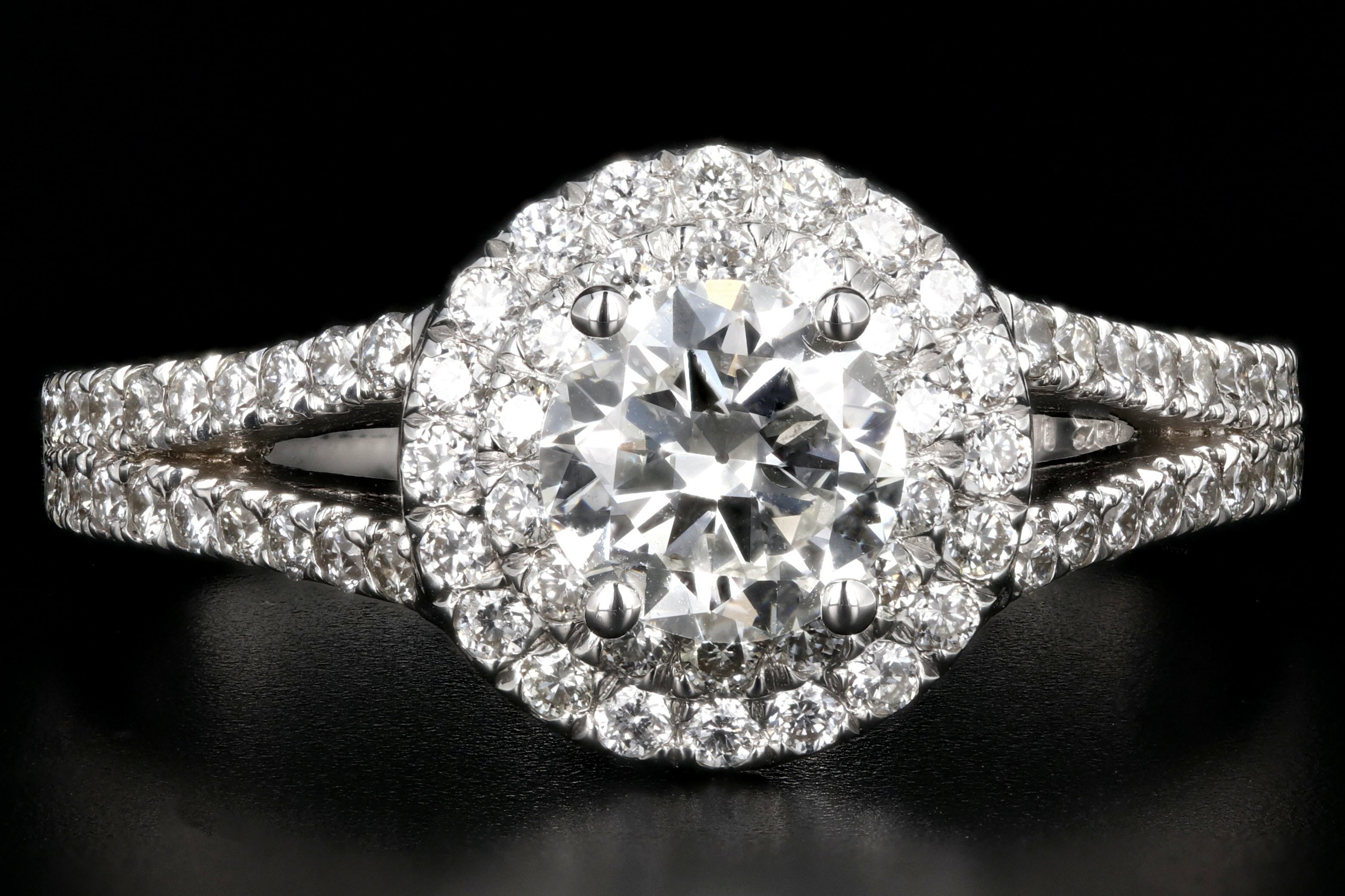 New 18K White Gold .55 Carat Round Brilliant Cut Double Halo Split Shank Engagement Ring - Queen May