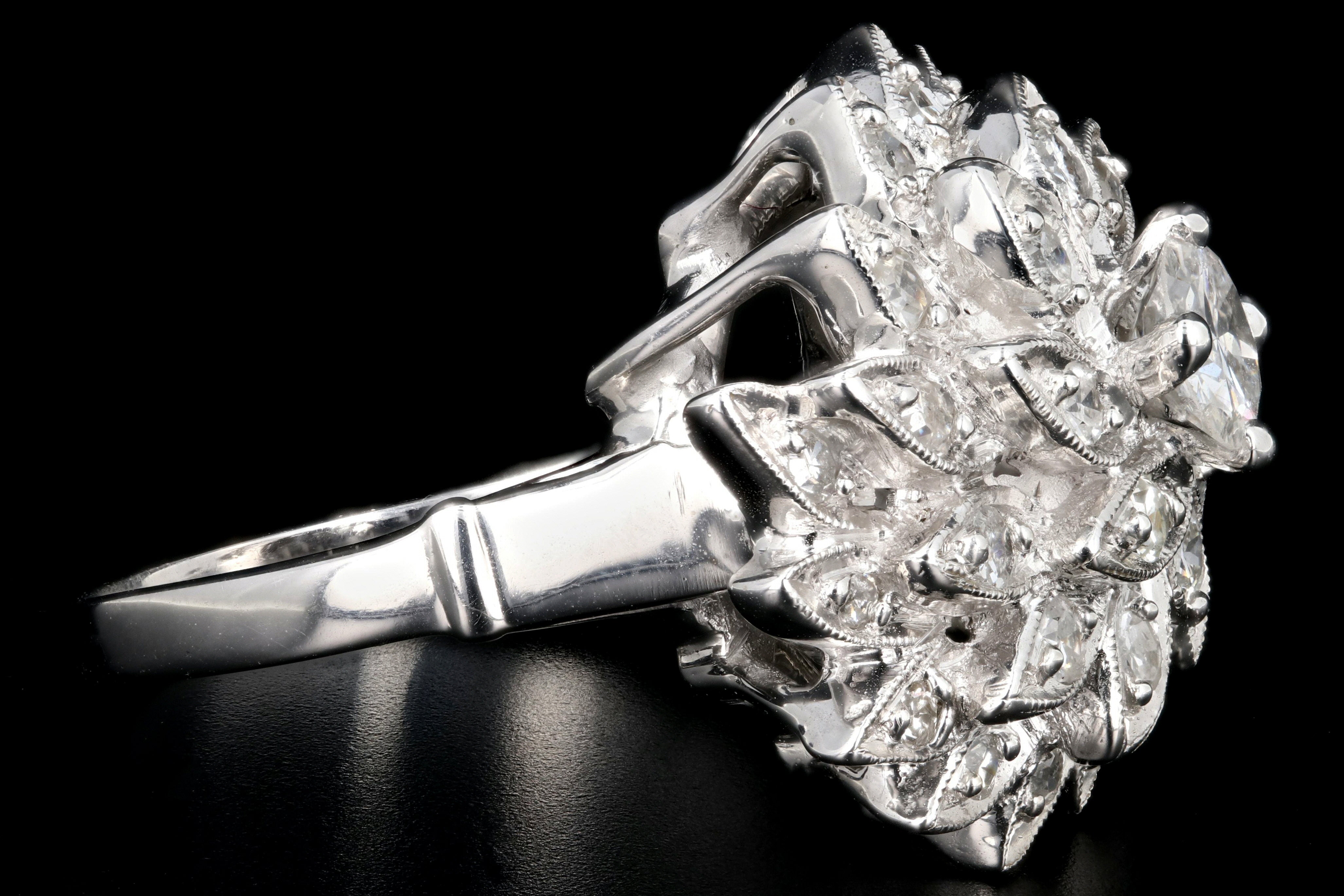Retro 14K White Gold Diamond Cocktail Sunburst Cluster Ring c.1960's - Queen May