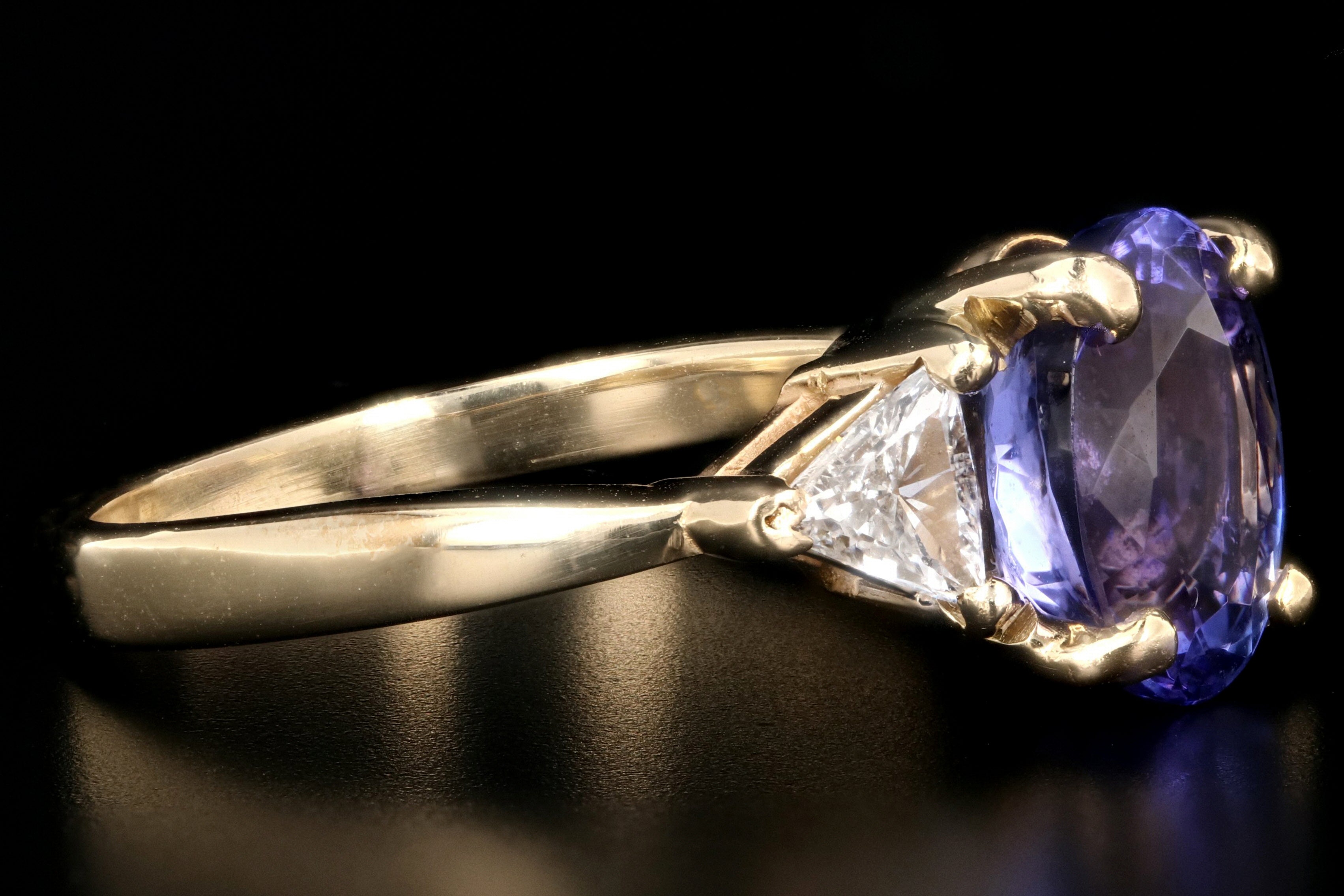 Modern 14K Yellow Gold 3 Carat Tanzanite and Trillion Cut Diamond Ring - Queen May