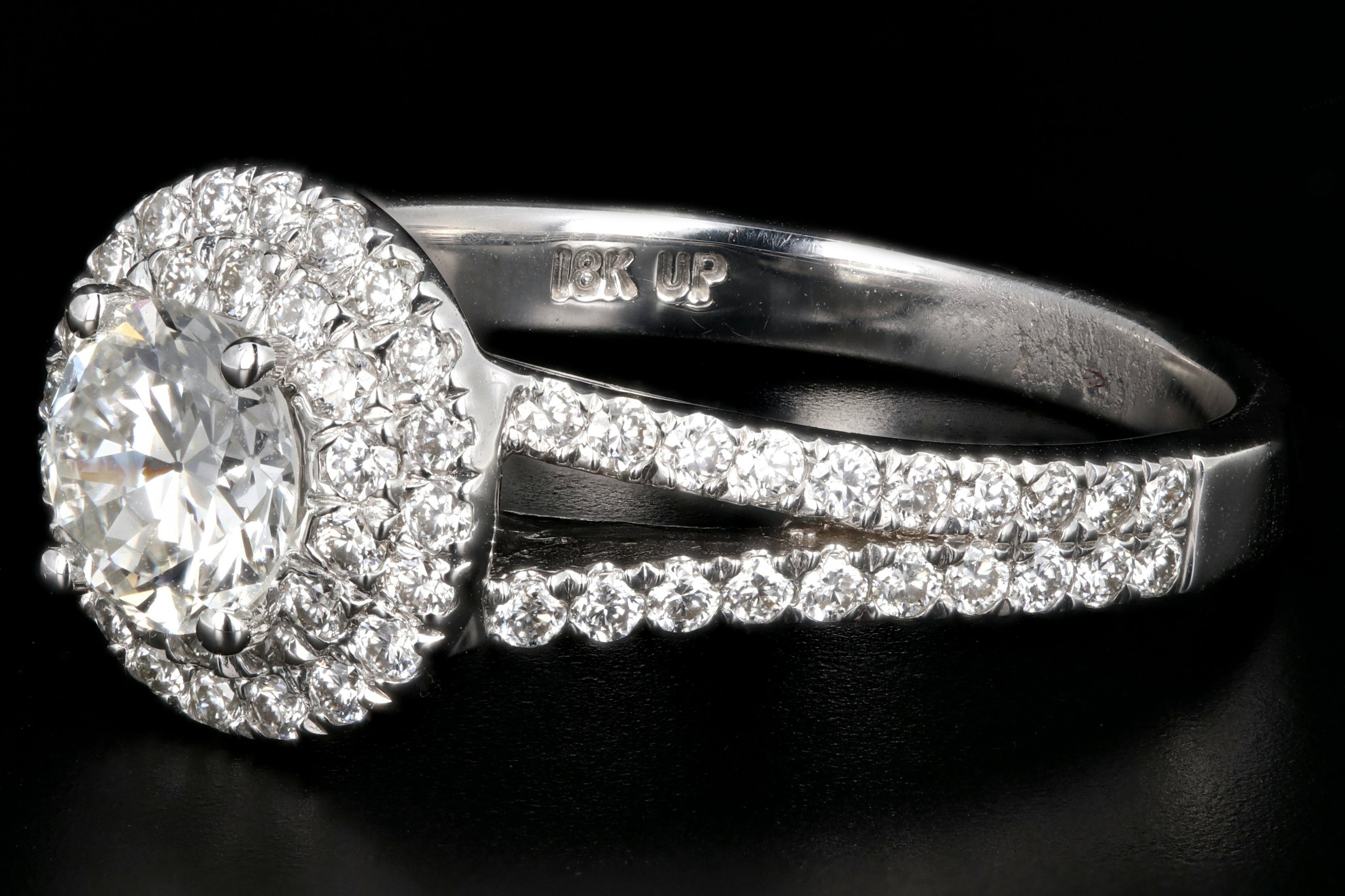 New 18K White Gold .55 Carat Round Brilliant Cut Double Halo Split Shank Engagement Ring - Queen May