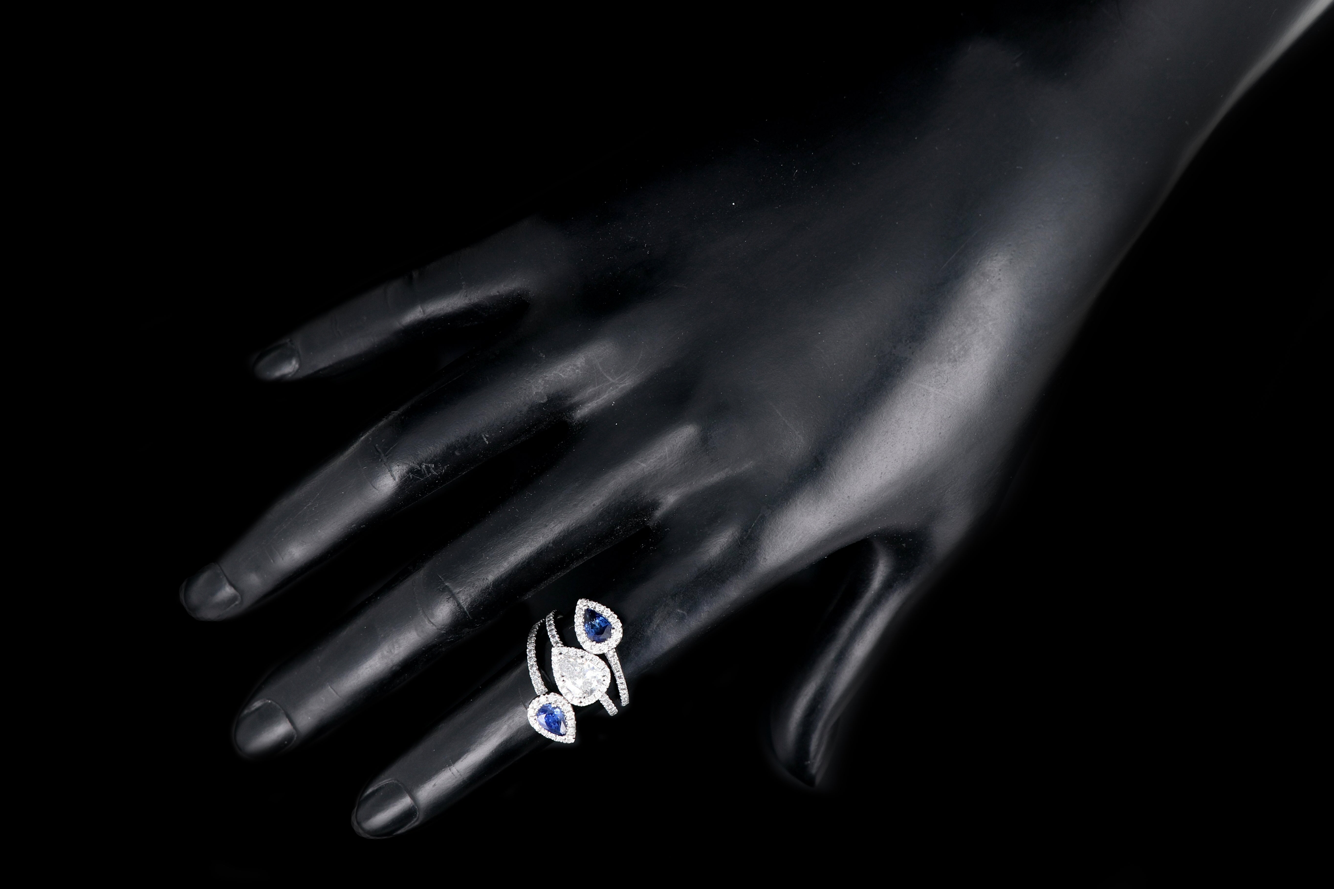 Modern 14K White Gold .83 CT Pear Cut Diamond And Sapphire Triple Bypass Ring GIA Certified - Queen May