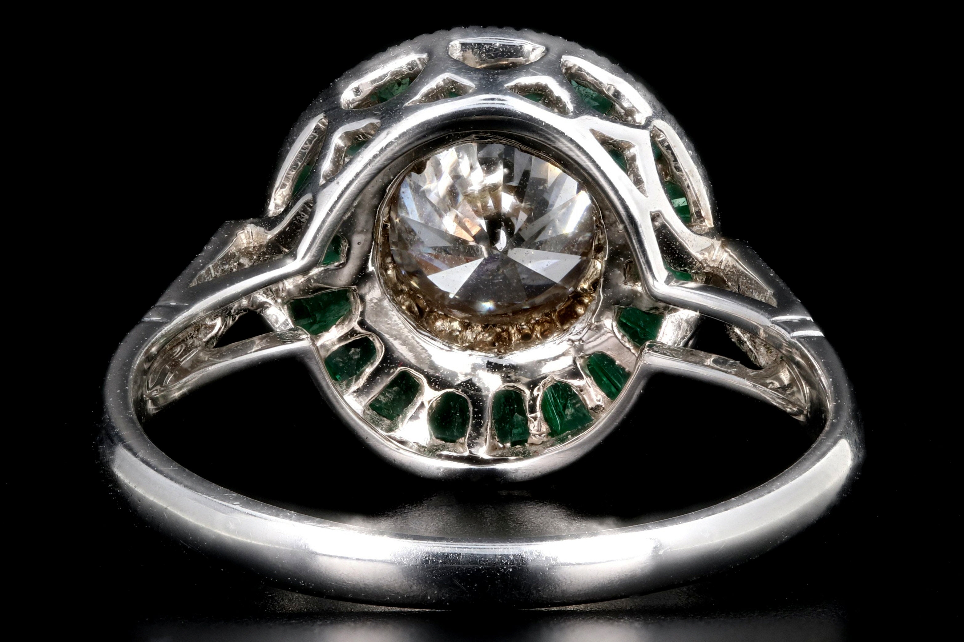 Art Deco Style 14K White Gold 1.01 Carat Round Brilliant Cut Diamond Emerald Halo Engagement Ring - Queen May