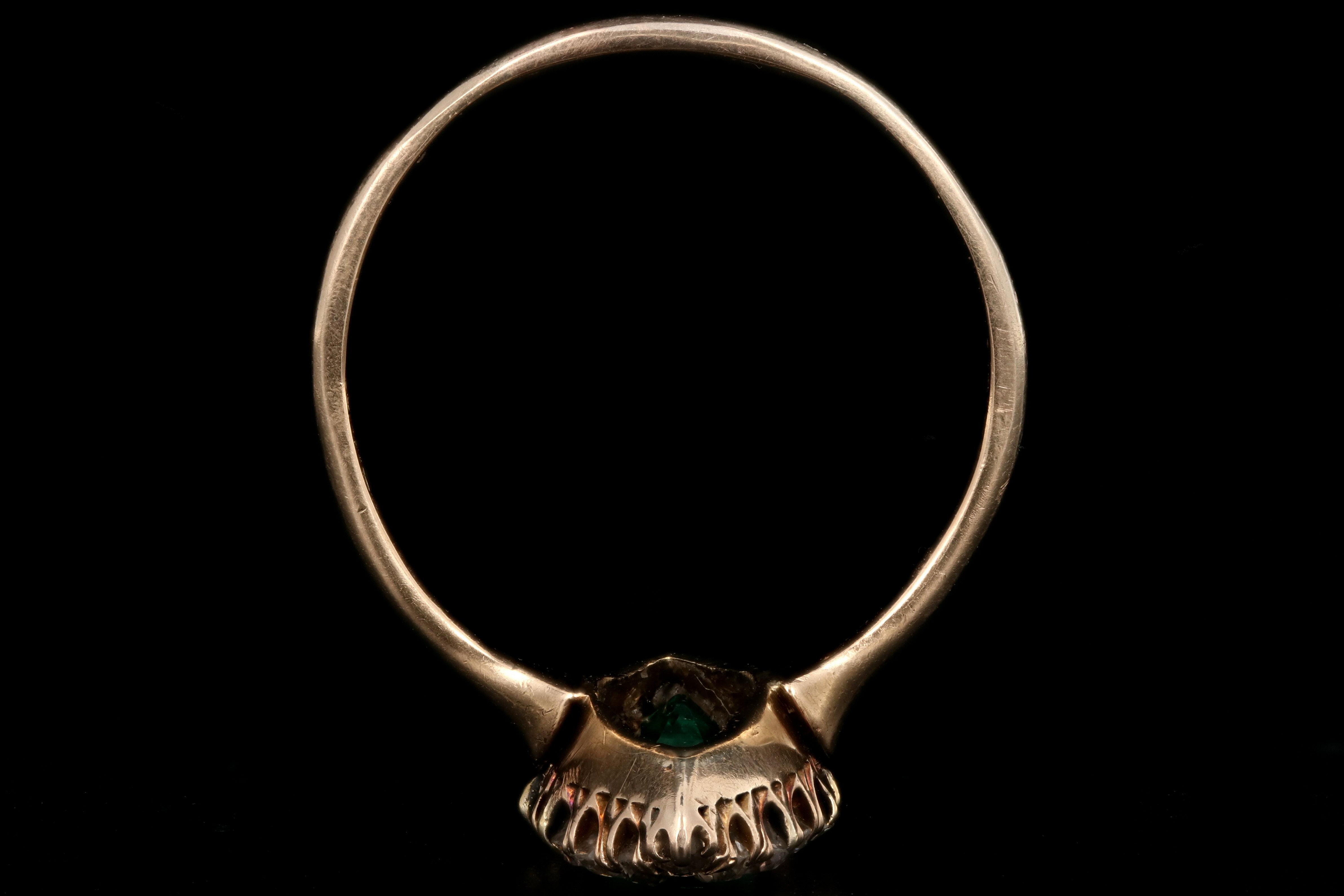 Victorian 14K Yellow Gold .75 Carat Emerald and Old European Cut Diamond Navette Ring - Queen May