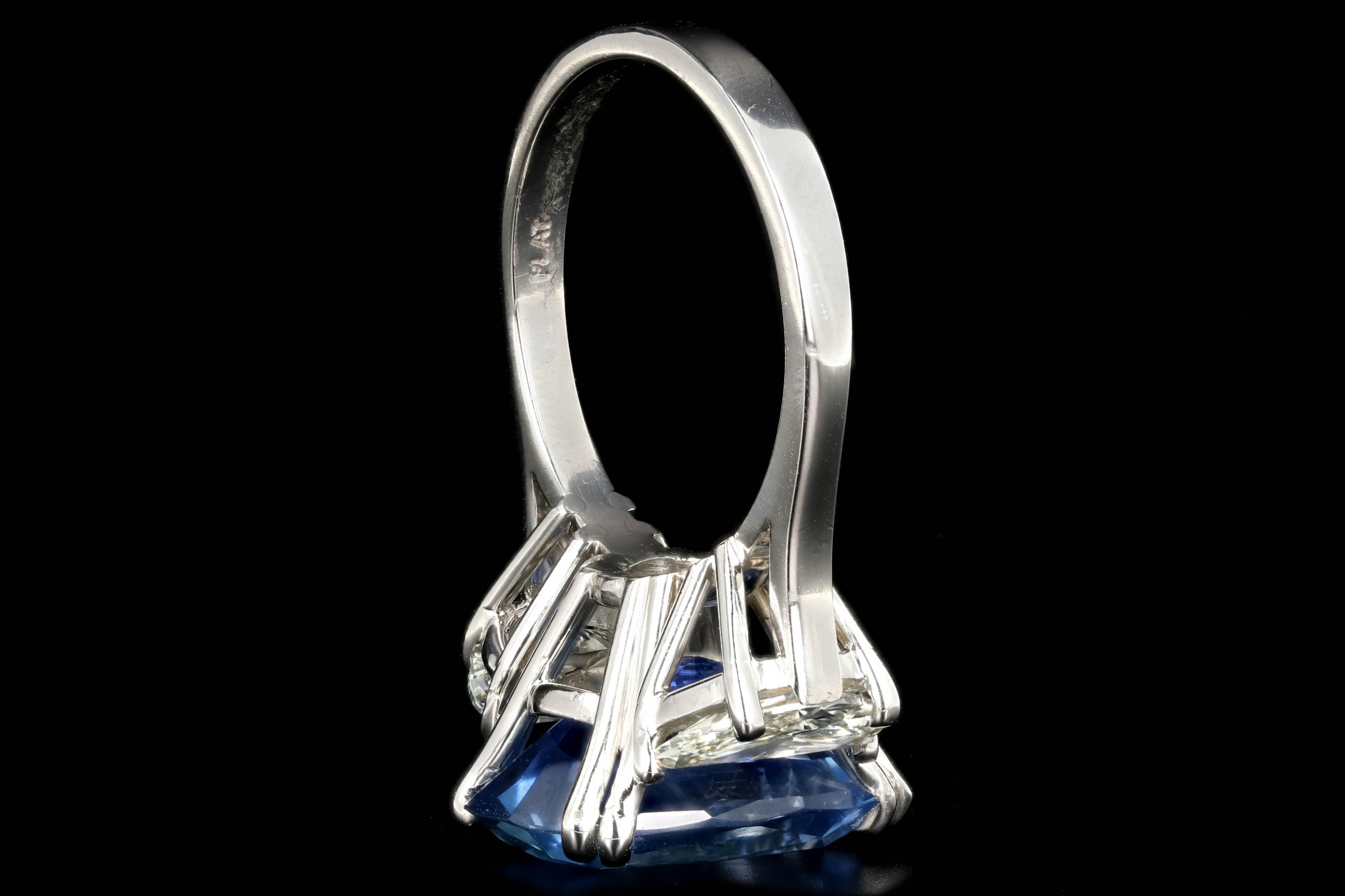 Platinum 9.72 Carat Cornflower Blue Burma No Heat Oval Cut Sapphire and 2 Carat Half Moon Diamond Ring GIA Certified - Queen May