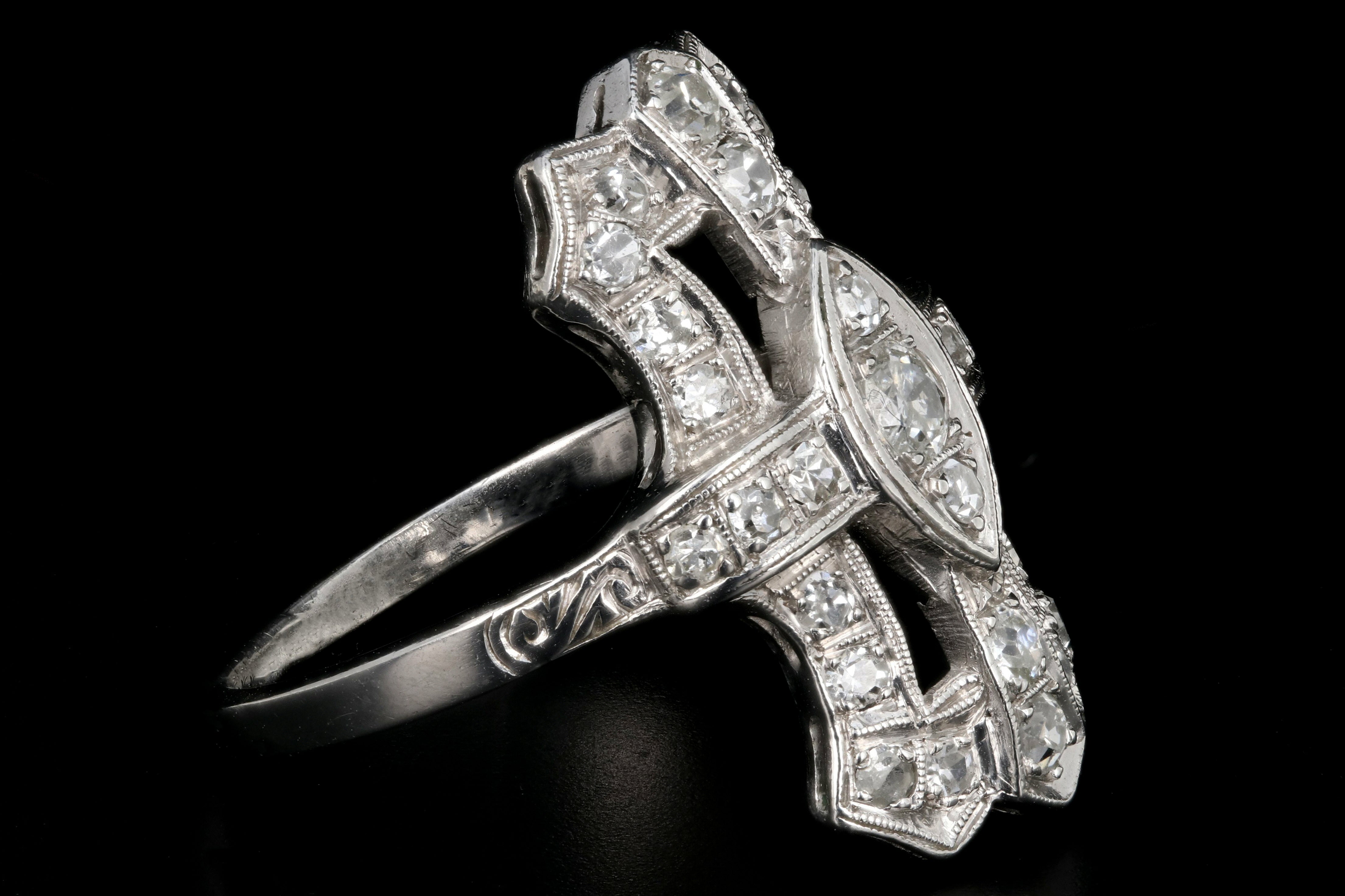 Art Deco Platinum Diamond Shield Ring Size 6.5 - Queen May