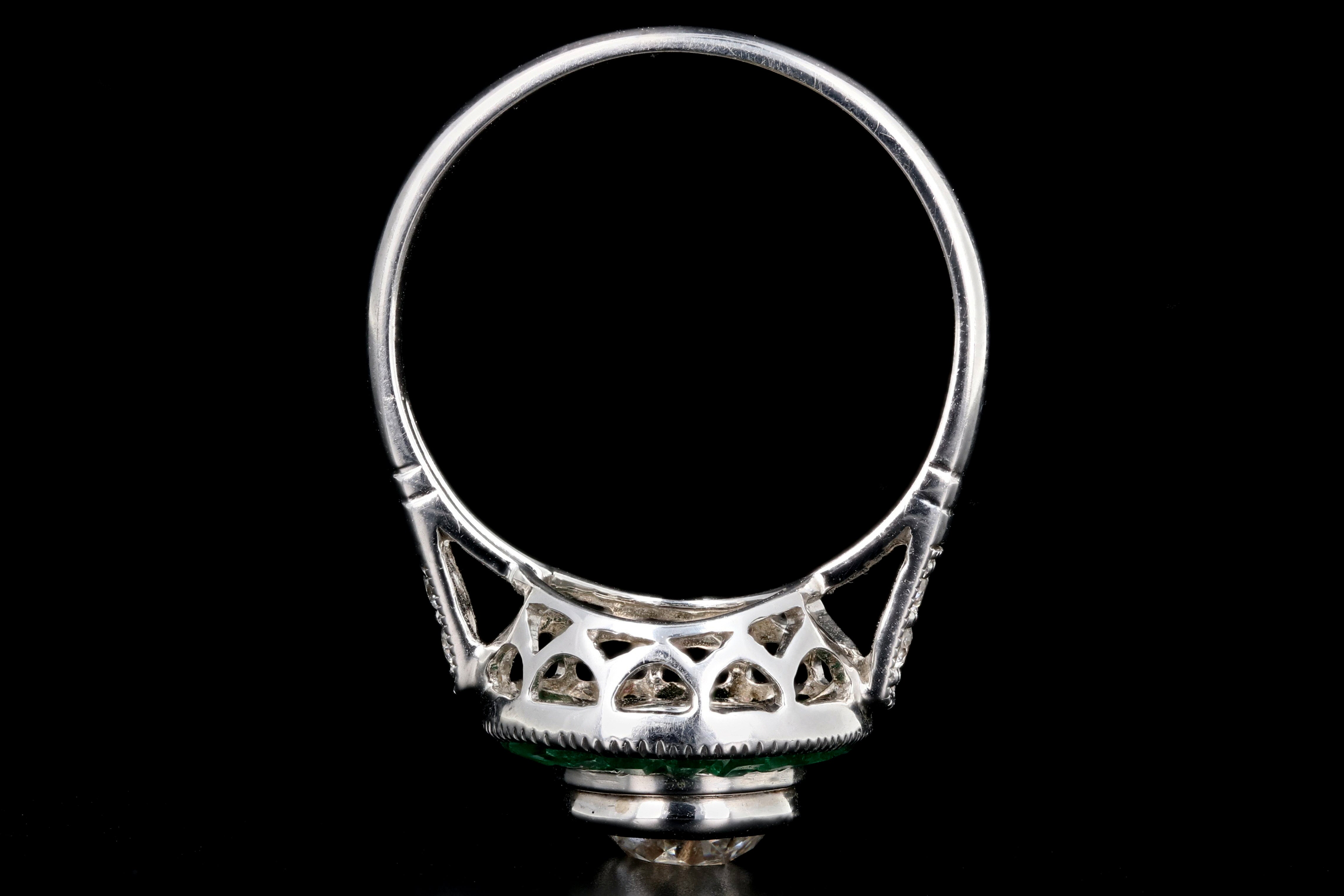 Art Deco Style 14K White Gold 1.01 Carat Round Brilliant Cut Diamond Emerald Halo Engagement Ring - Queen May