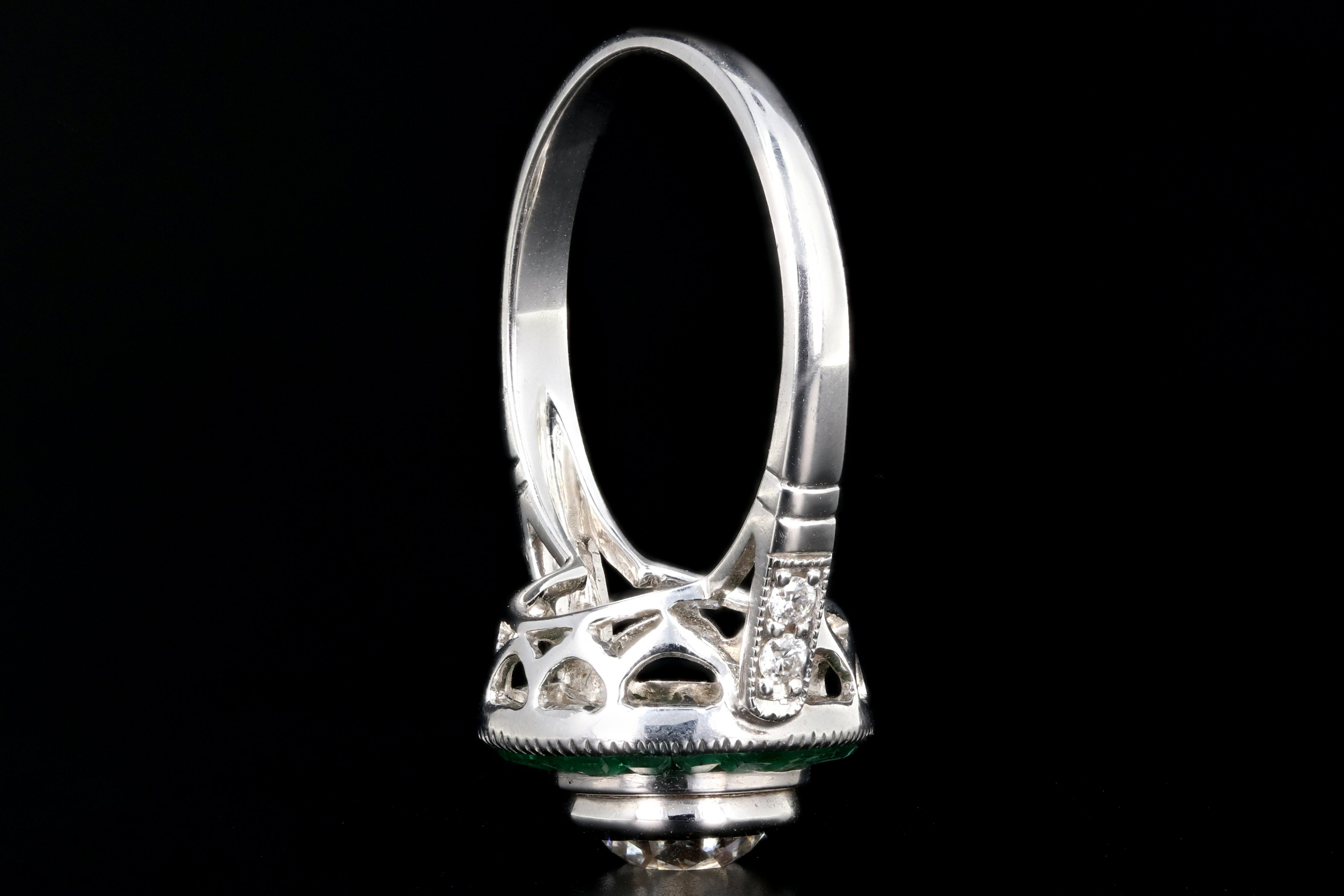 Art Deco Style 14K White Gold 1.01 Carat Round Brilliant Cut Diamond Emerald Halo Engagement Ring - Queen May