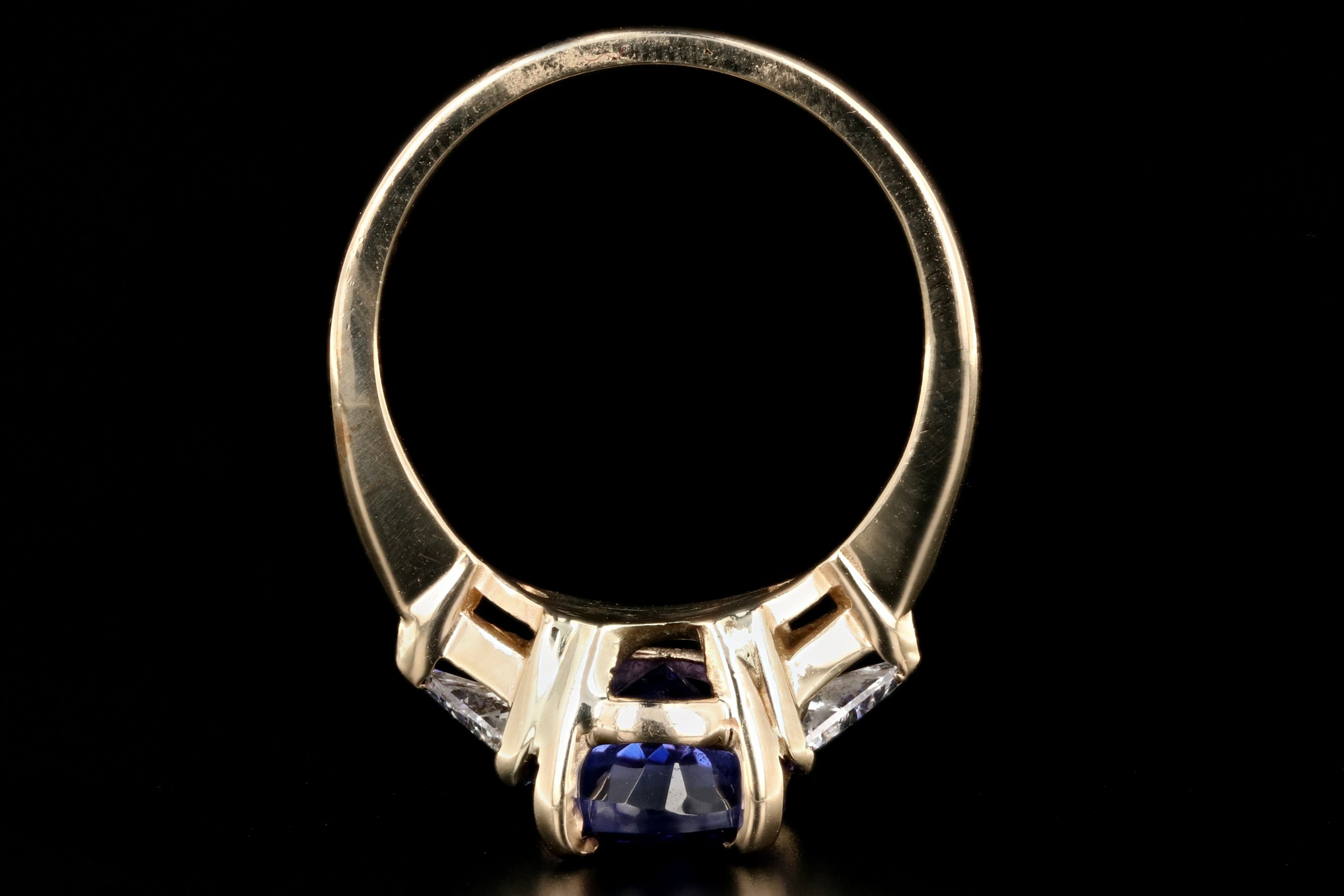 Modern 14K Yellow Gold 3 Carat Tanzanite and Trillion Cut Diamond Ring - Queen May
