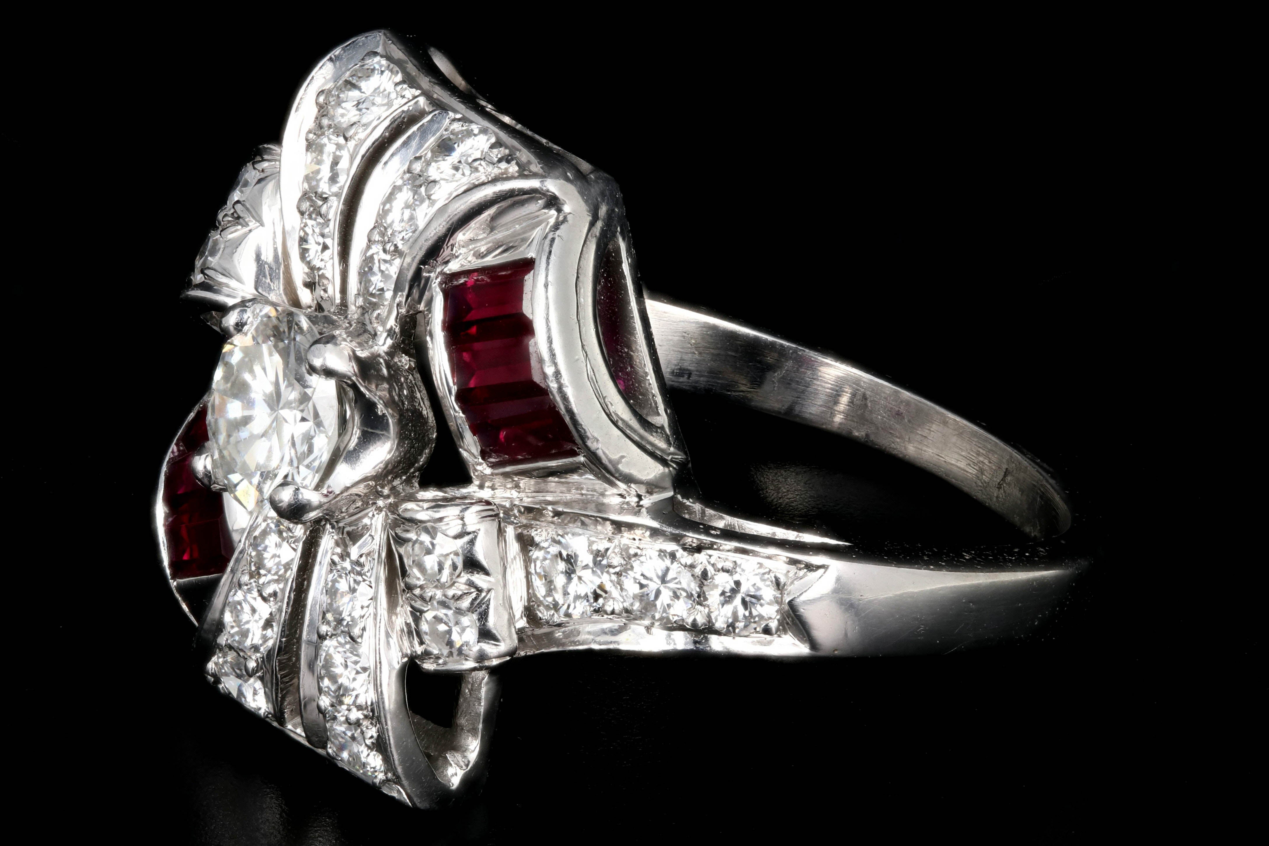 Retro Platinum 1.16 Carat Diamond and Ruby Cocktail Ring - Queen May
