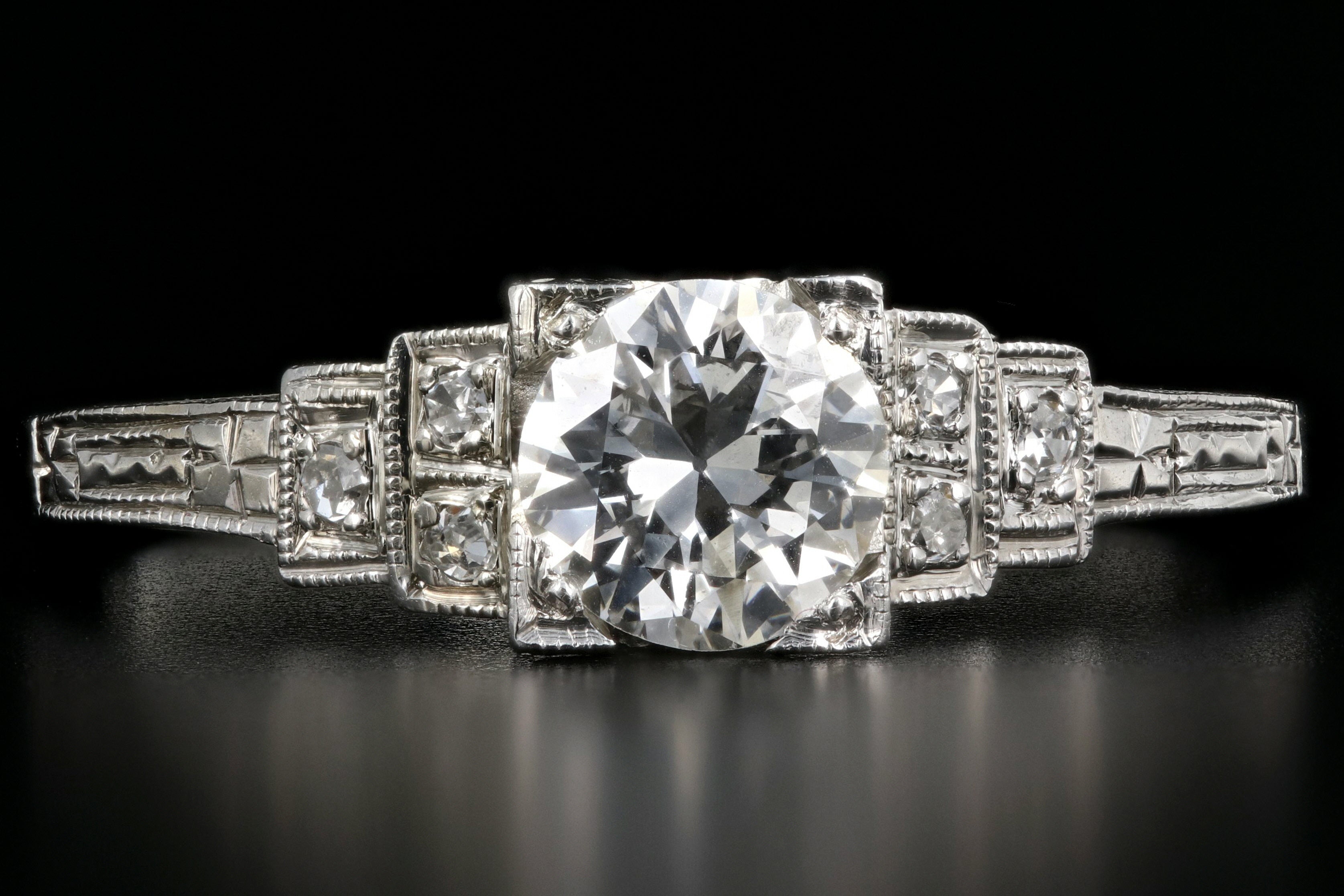 Art Deco 18K White Gold .60CT Old European Cut Diamond Engagement Ring - Queen May