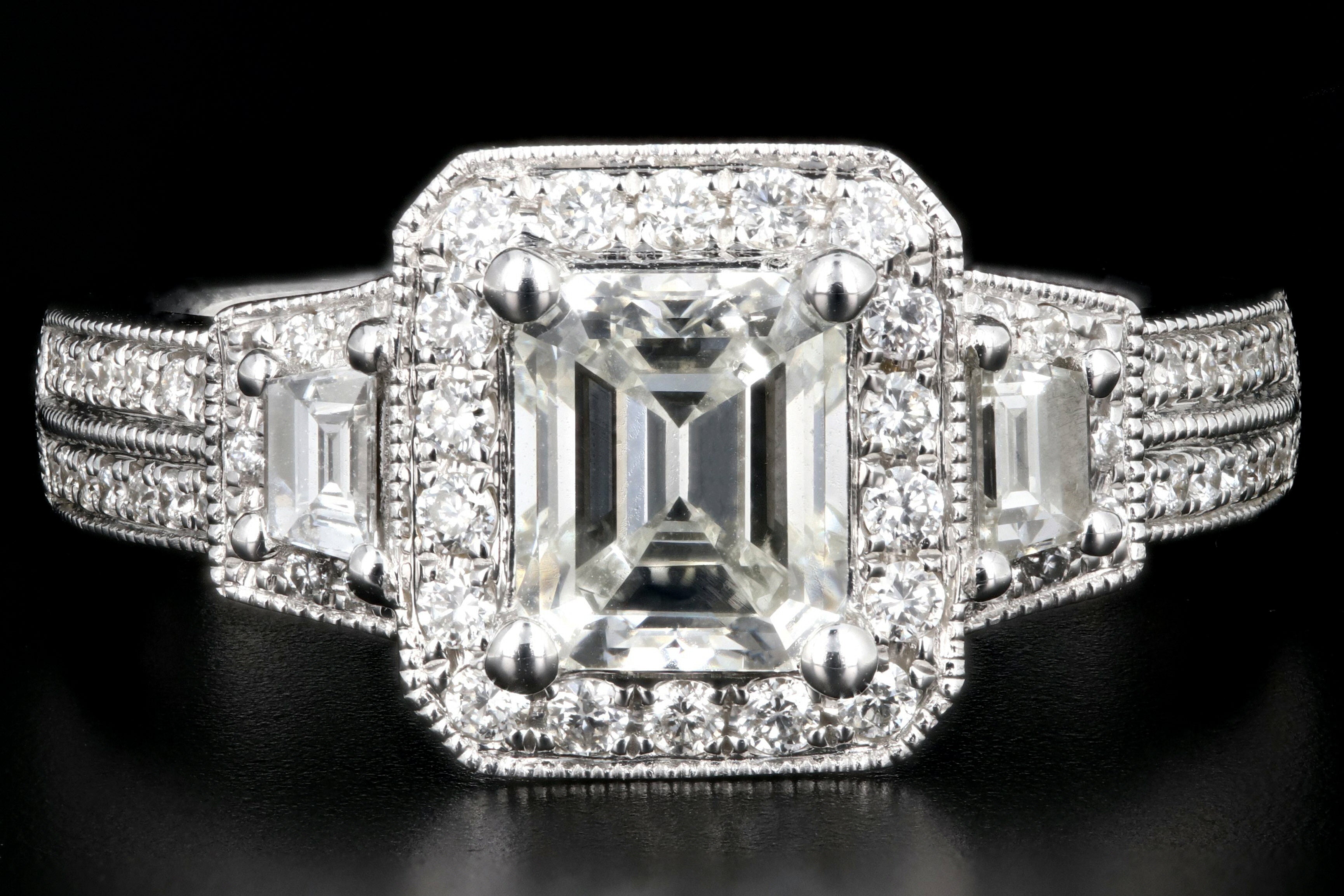 Modern 14K White Gold 1 Carat Emerald Cut Diamond Halo Engagement Ring - Queen May