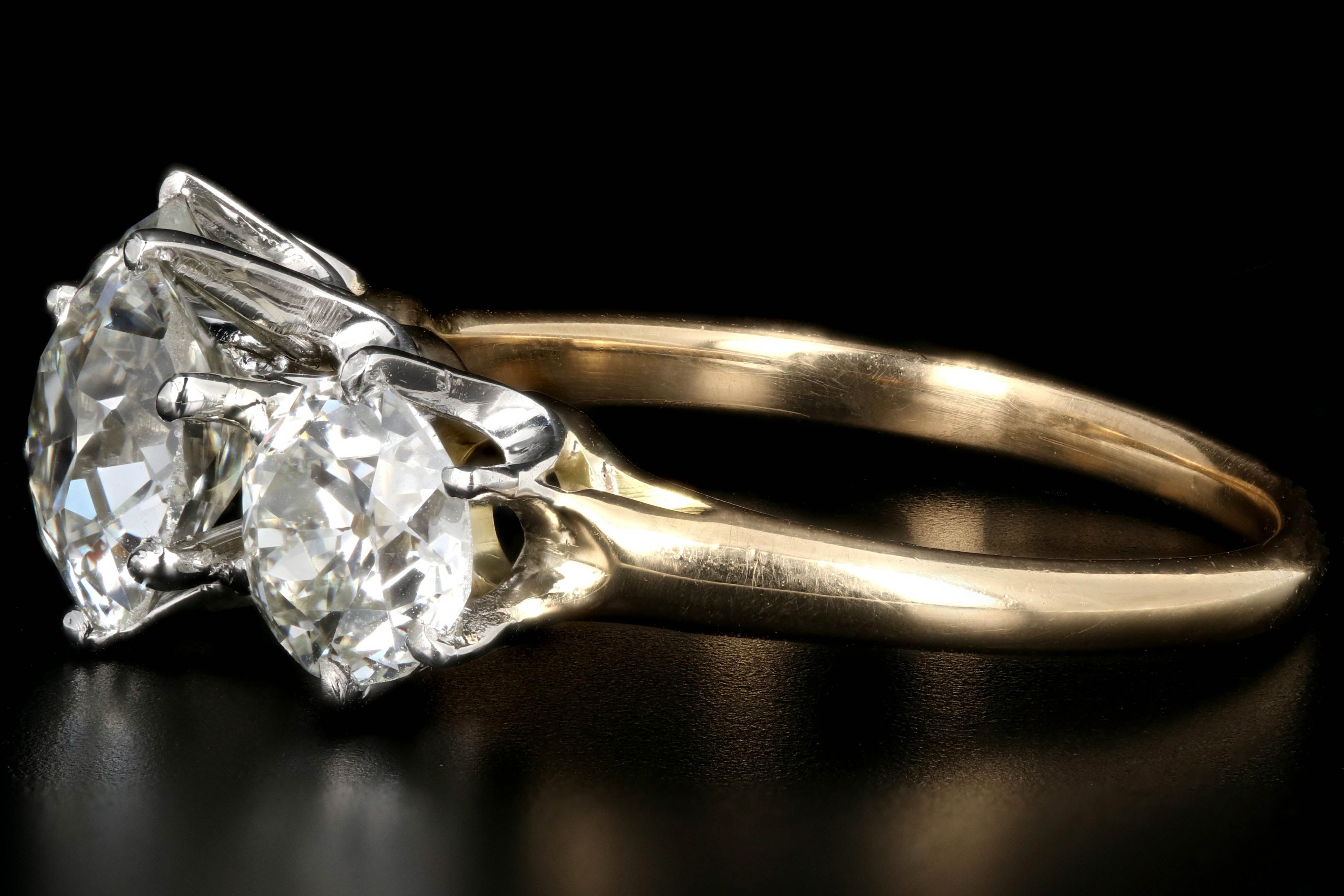Victorian Platinum and 18K Yellow Gold 3.57 carat Three Stone Engagement Ring GIA Certified - Queen May