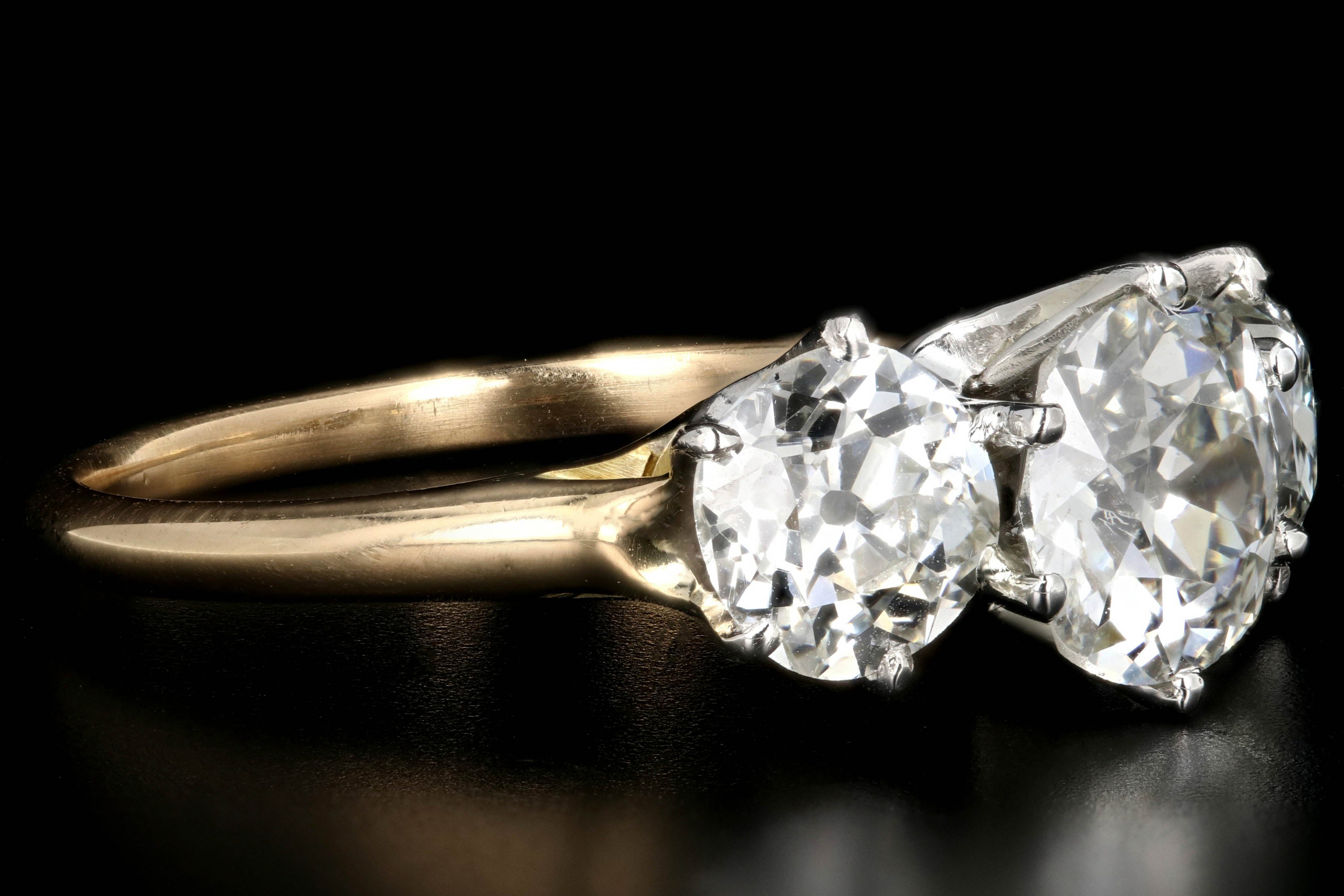 Victorian Platinum and 18K Yellow Gold 3.57 carat Three Stone Engagement Ring GIA Certified - Queen May