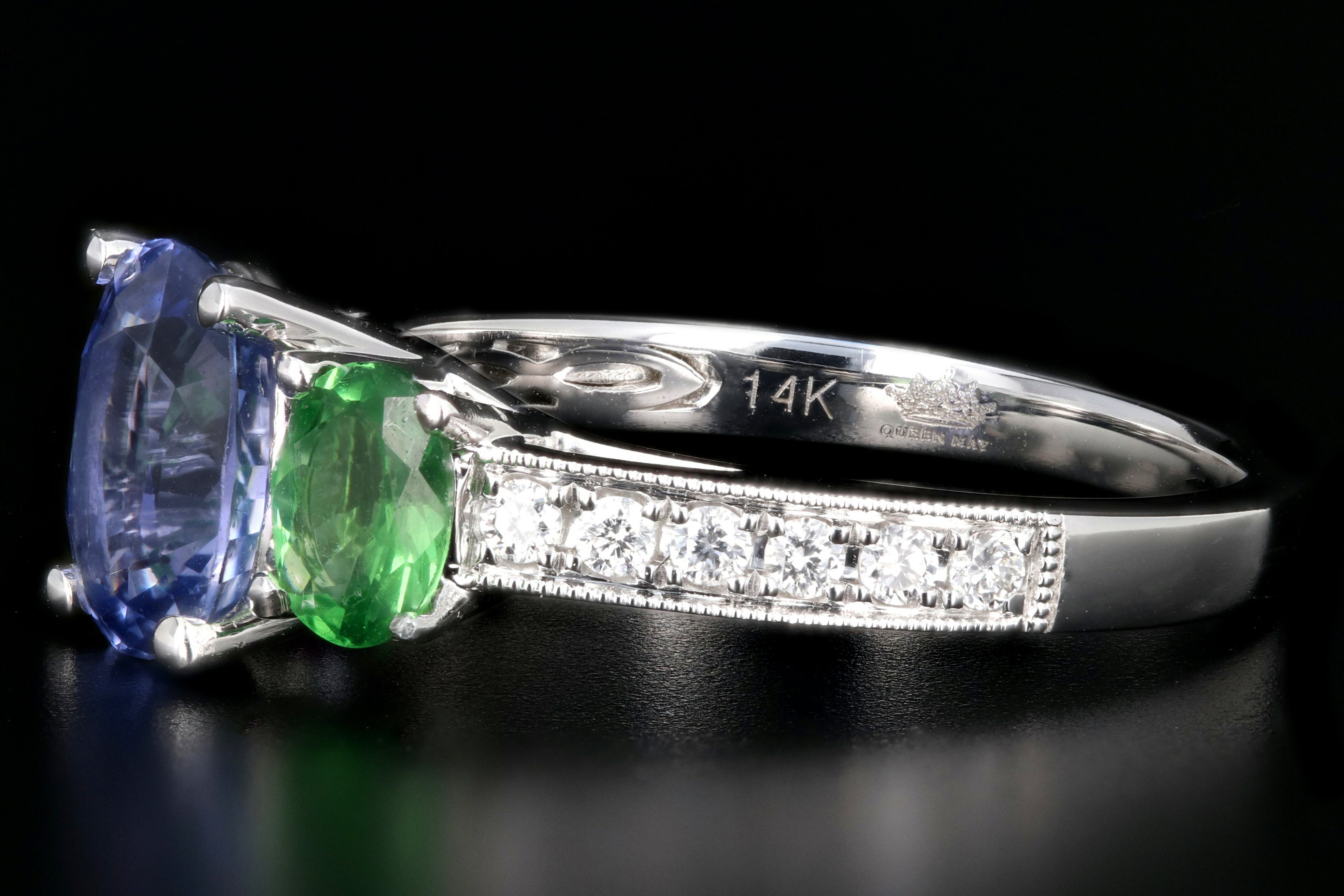 New 14K White Gold Heat Treated Purple Sapphire and Tsavorite Garnet AND Diamond Ring - Queen May
