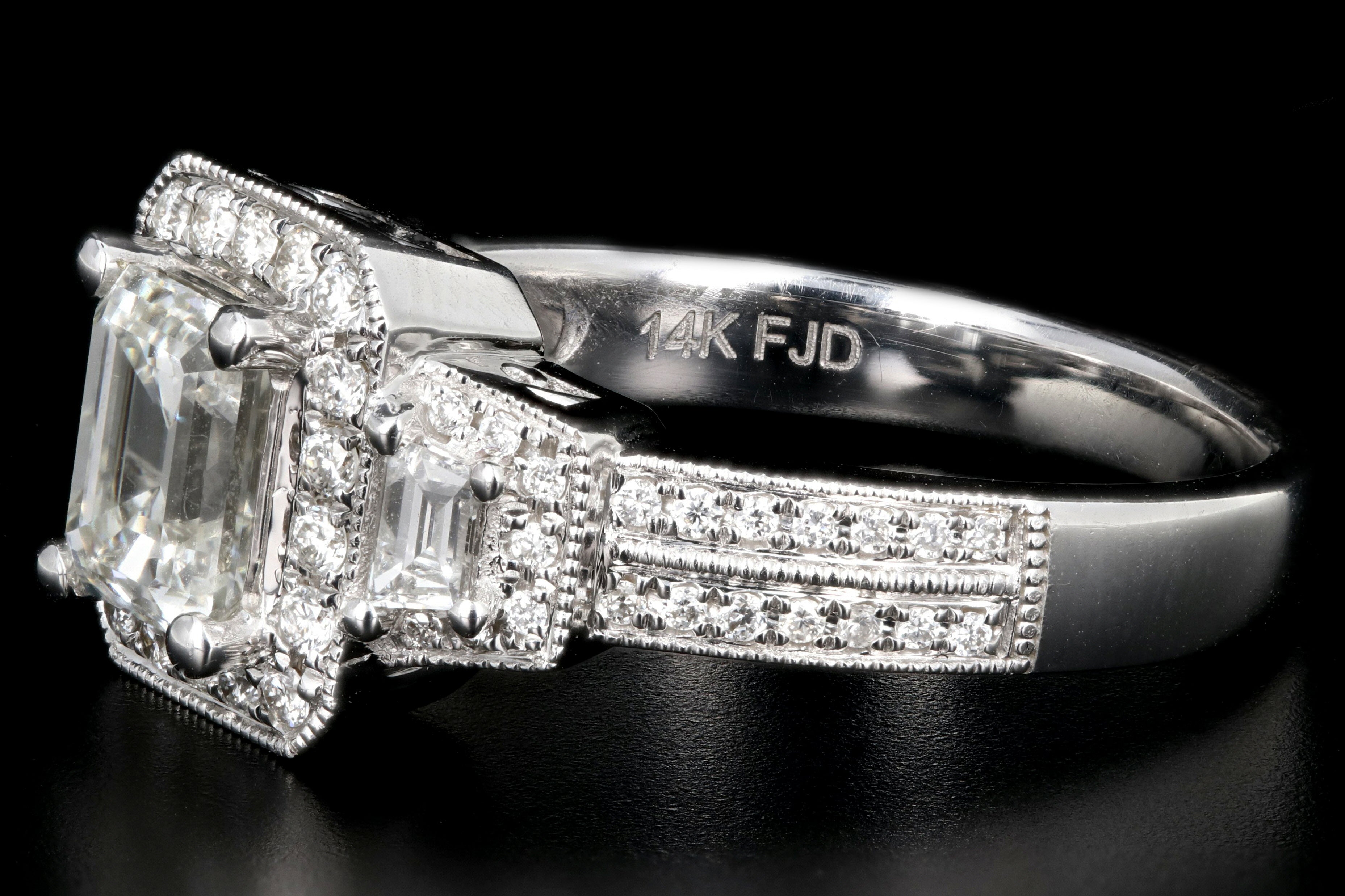 Modern 14K White Gold 1 Carat Emerald Cut Diamond Halo Engagement Ring - Queen May