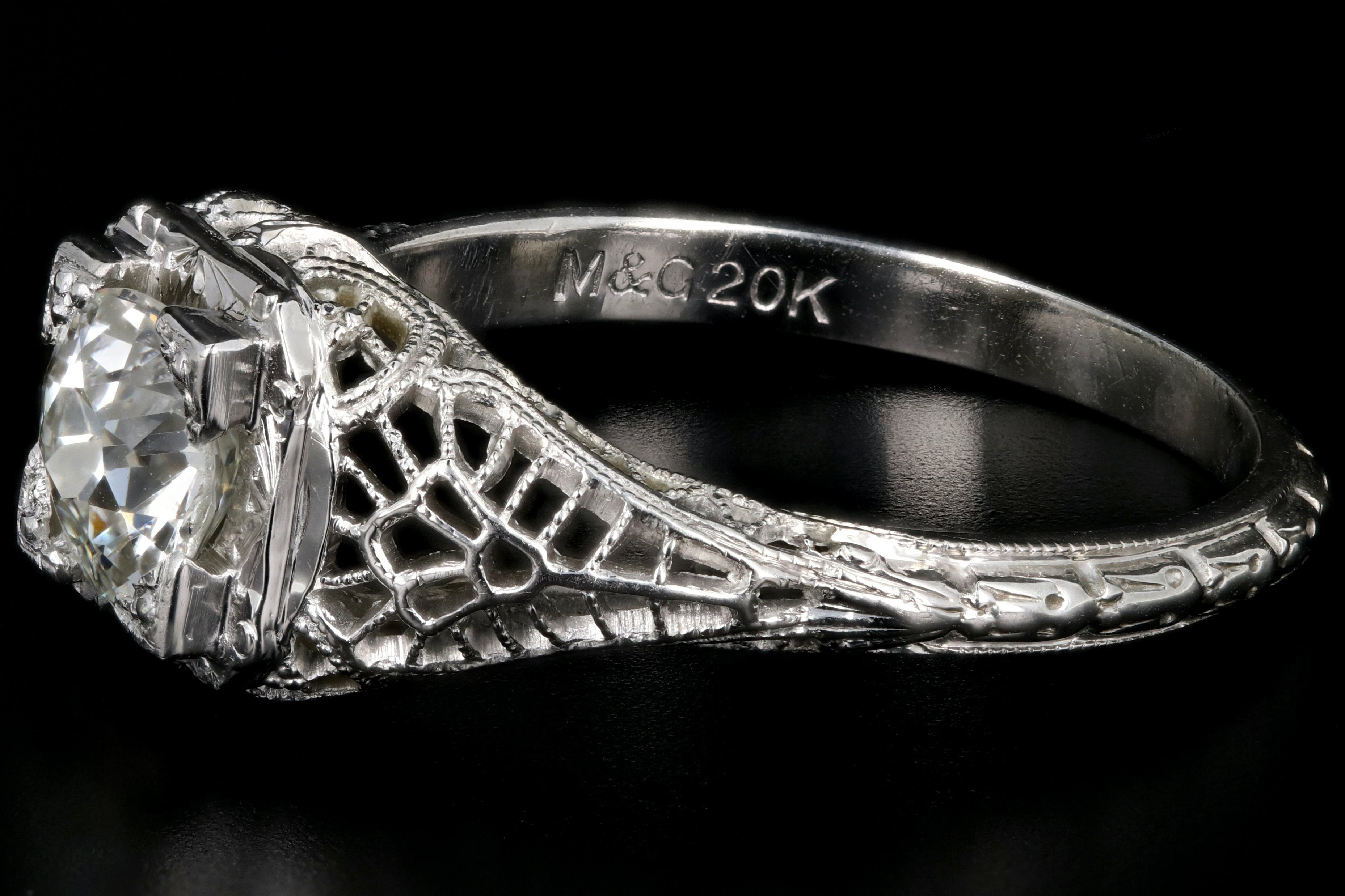 Art Deco 20K White Gold .78CT Old European Cut Diamond Engagement Ring - Queen May