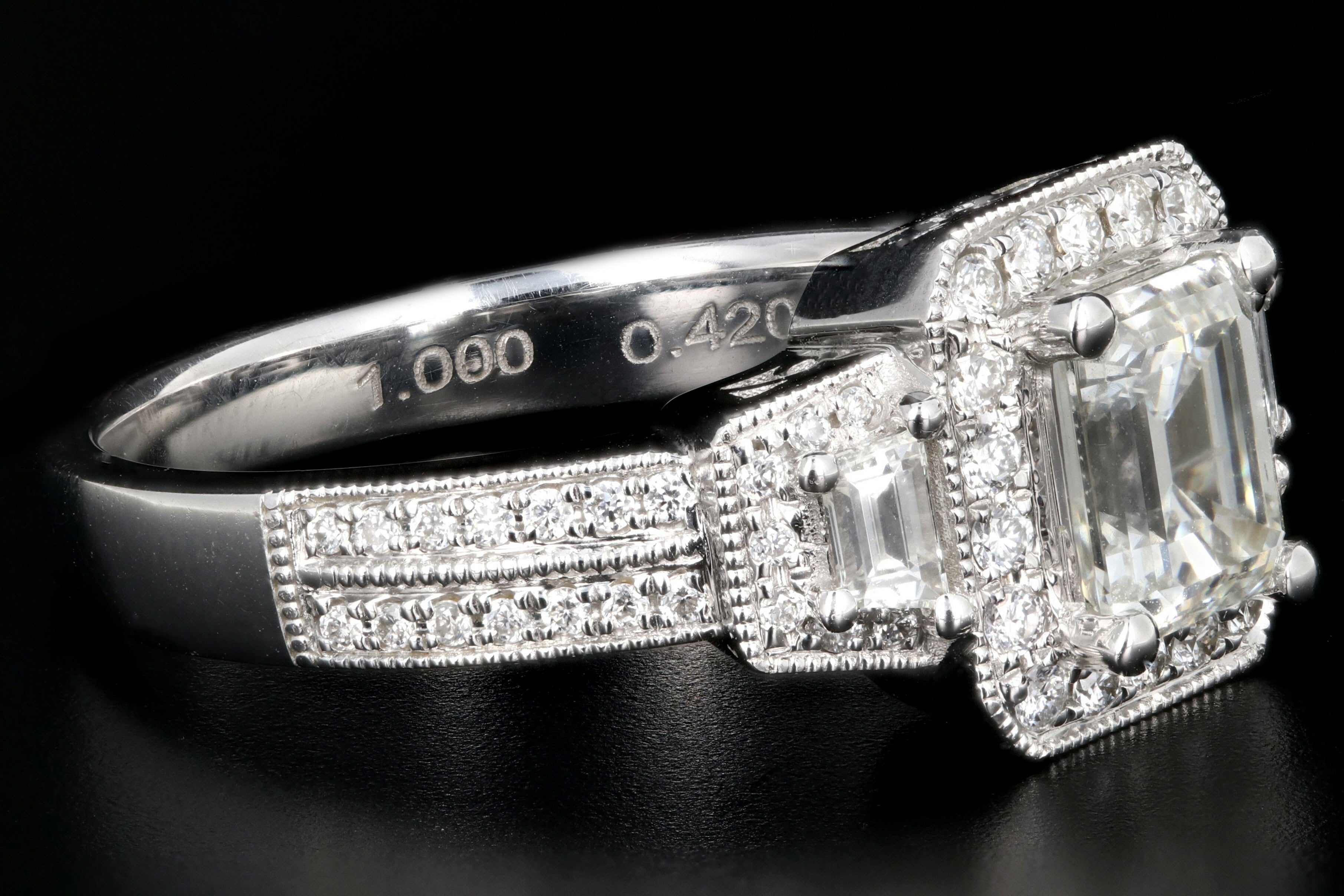Modern 14K White Gold 1 Carat Emerald Cut Diamond Halo Engagement Ring - Queen May