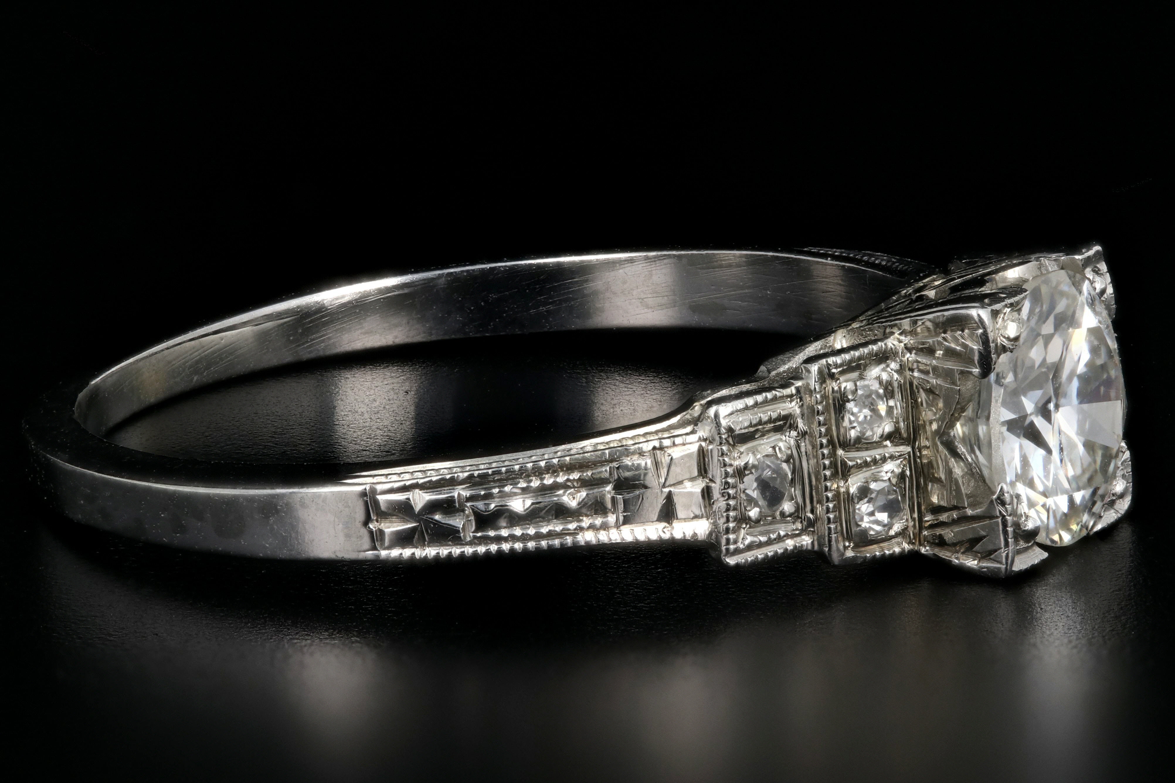 Art Deco 18K White Gold .60CT Old European Cut Diamond Engagement Ring - Queen May