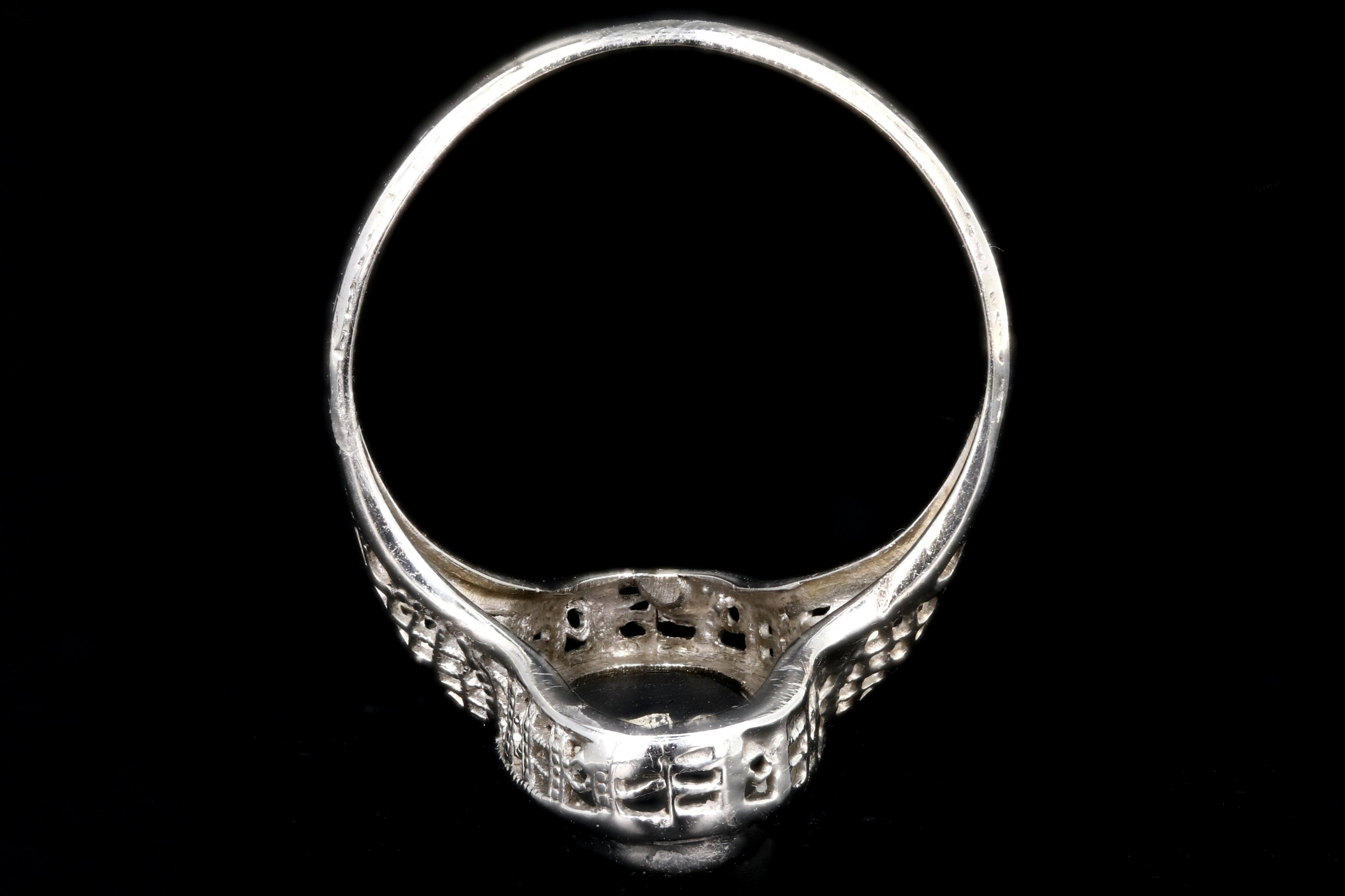 Art Deco 14K White Gold .25CT Old European Cut Diamond and Oynx Filigree Ring - Queen May